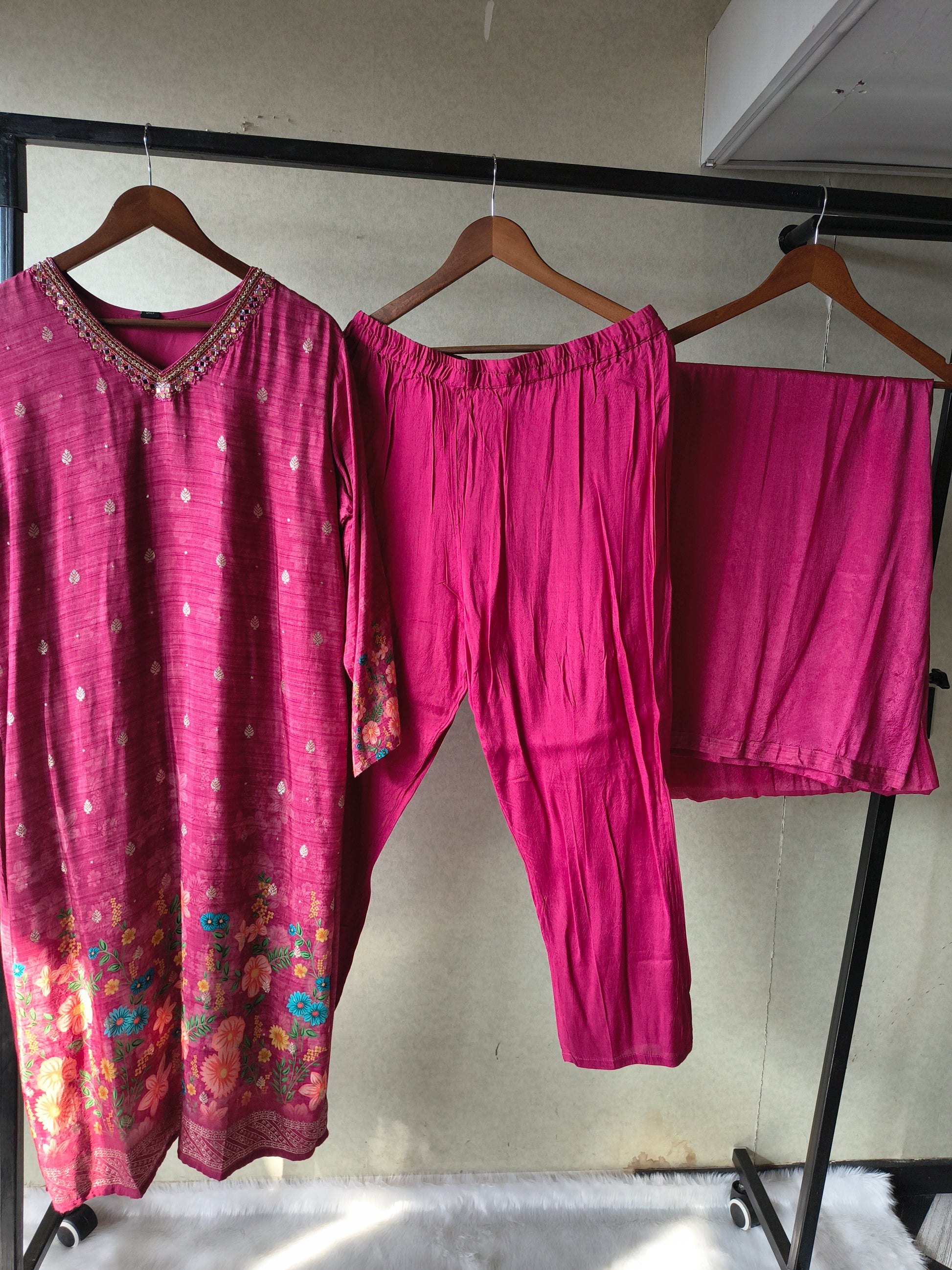 Premium Magenta Floral Printed Kurta Set with Solid Pants & Dupatta