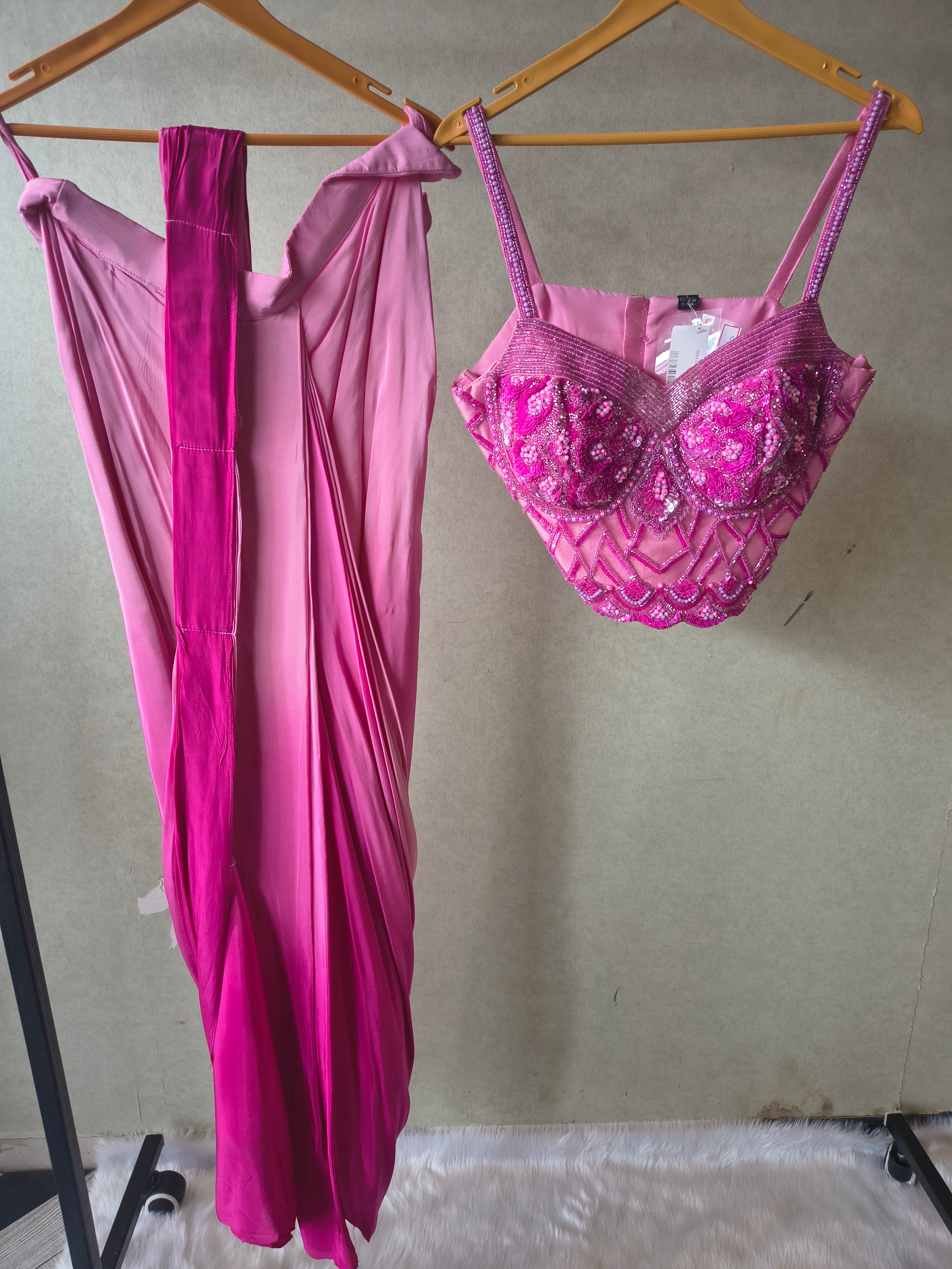 Image of Premium Ombre Pink Satin Saree with Hand Embroidered Designer Blouse