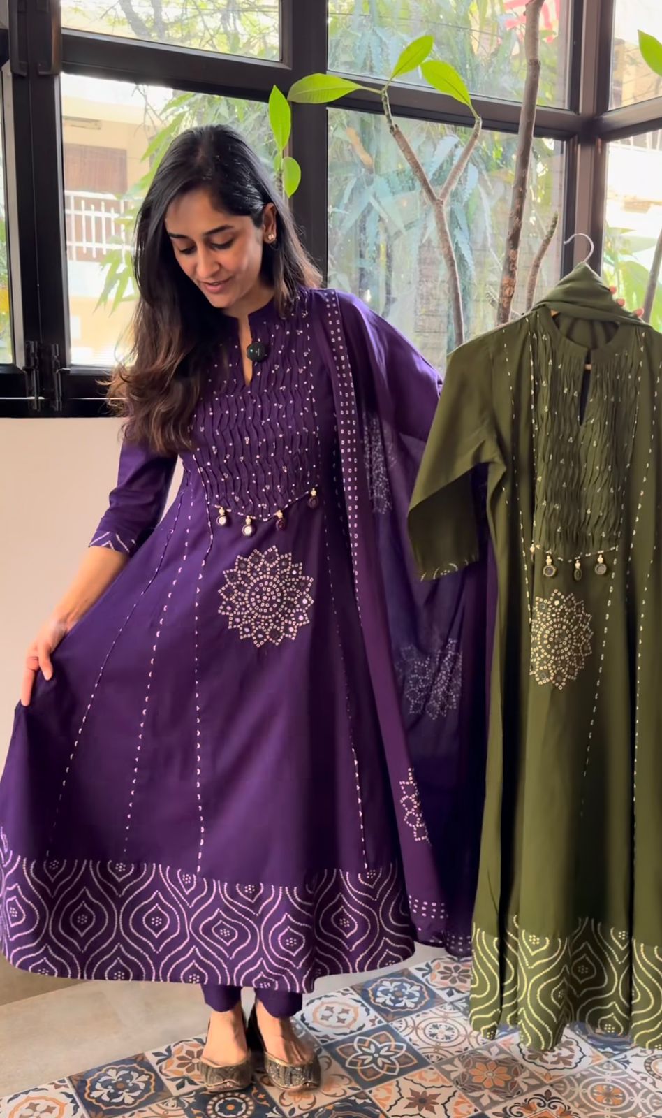 Image of Pure Mull Cotton Bandhani 3 Piece Anarkali Set