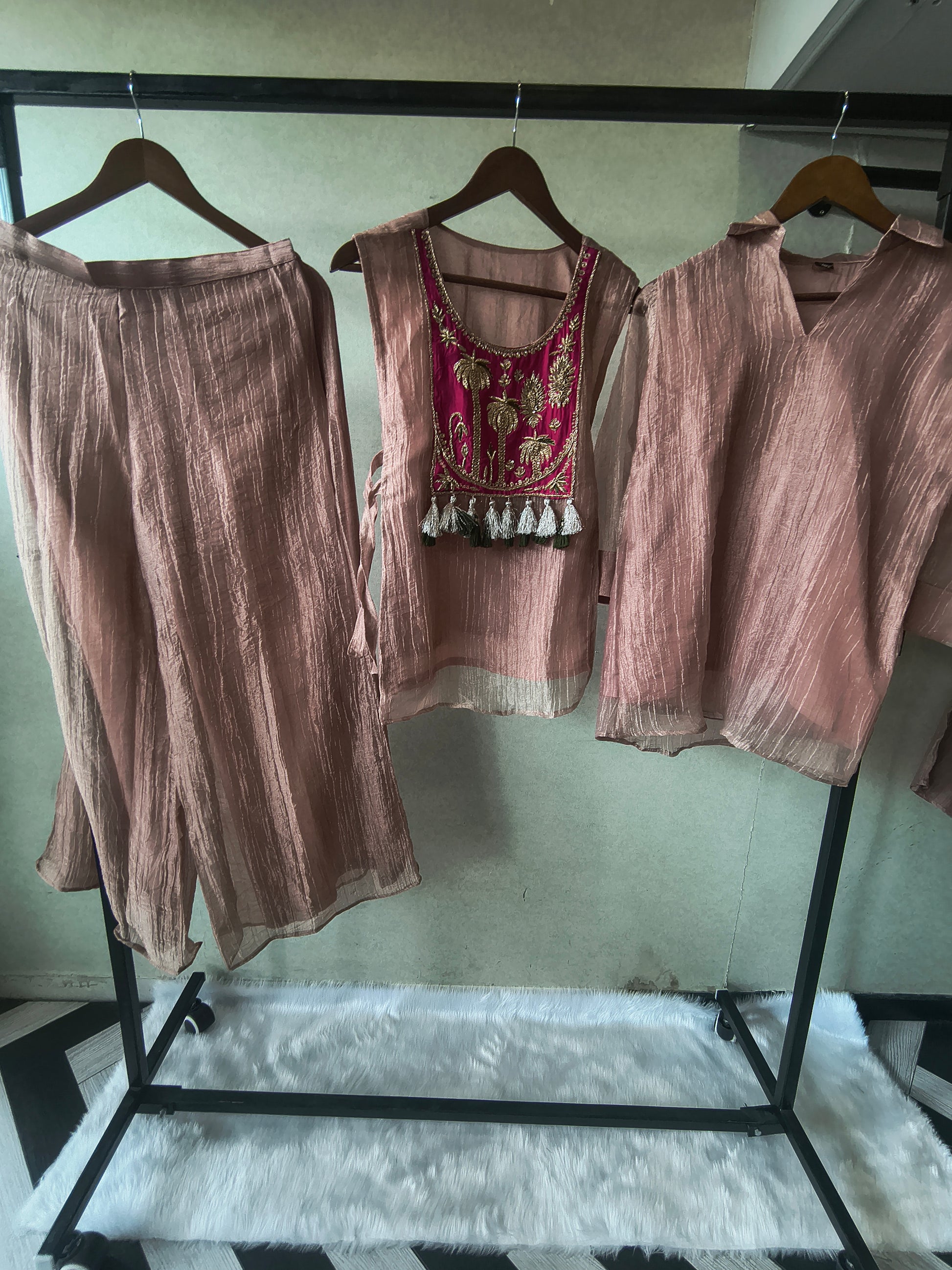 Premium Rose Gold Tissue Silk 3-Piece Co-Ord Set with Hand Embellished Jacket, Inner & Palazzo