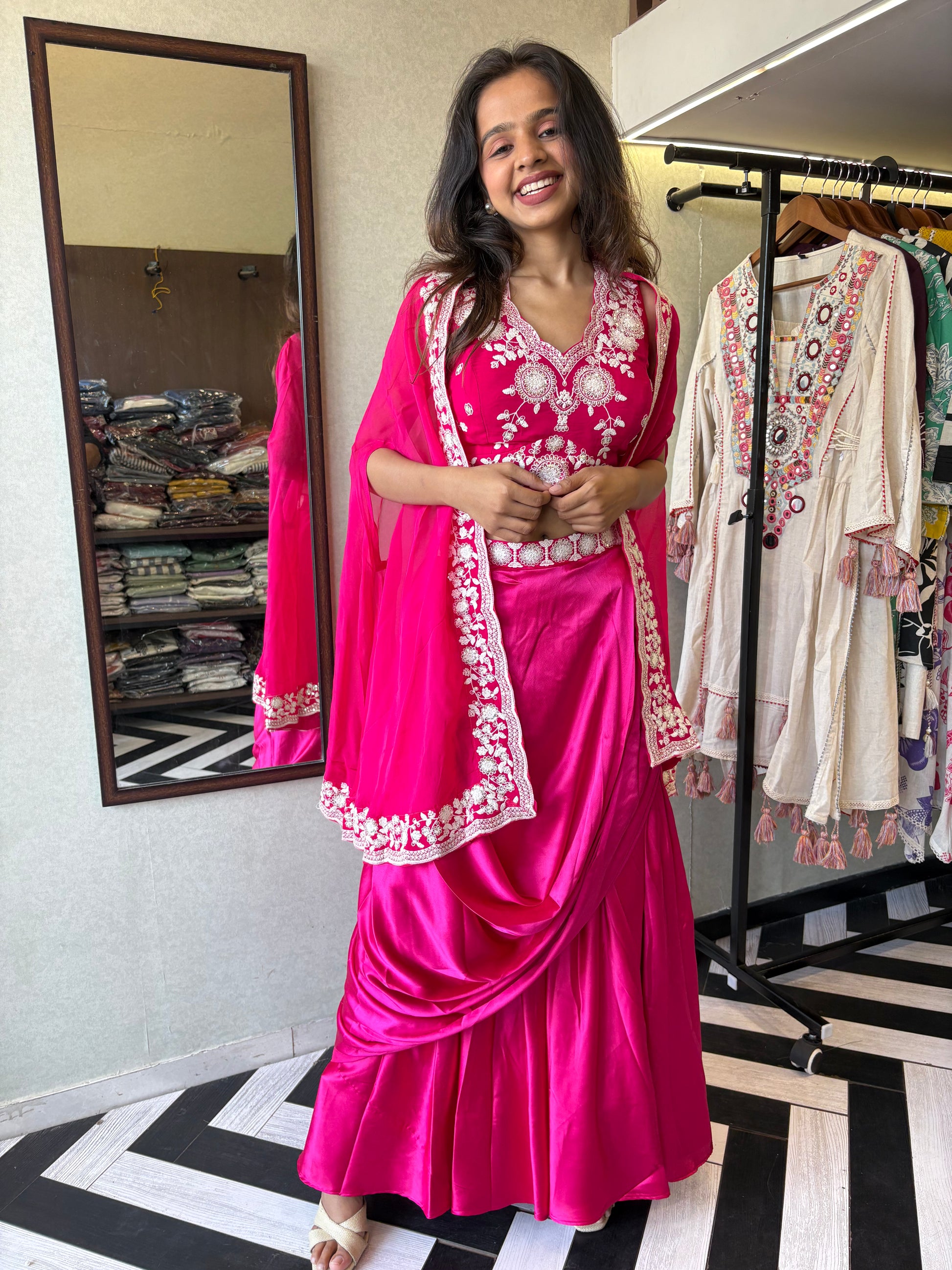 Pure crepe 3-piece Indo-Western beauty, featuring stunning hand embroidery and a drape-style silhouette that turns every occasion into a fashion moment.