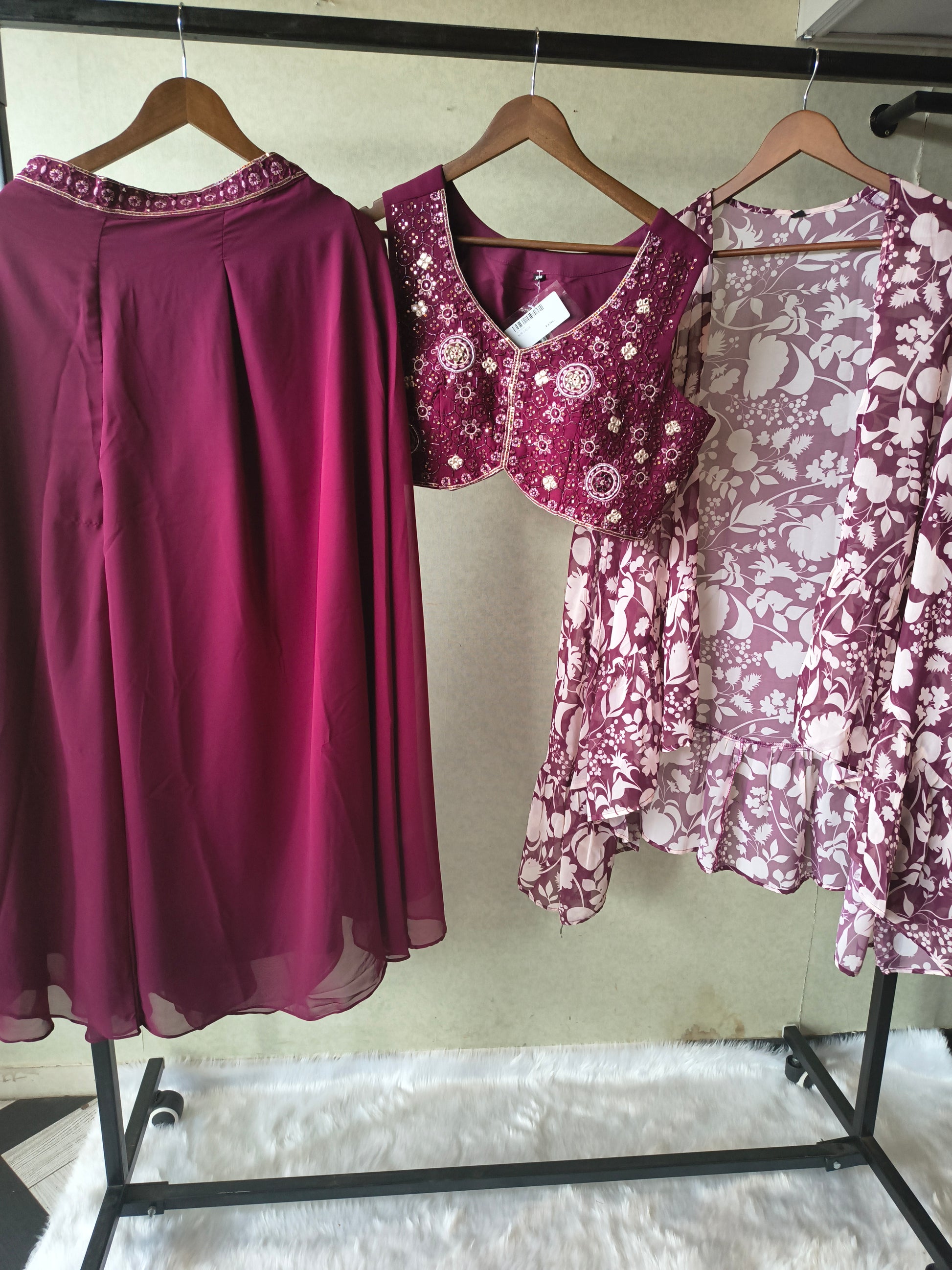 Luxury Wine Embroidered Blouse with Printed Peplum Jacket & Flared Palazzo – 3 Piece Designer Indo-Western Set