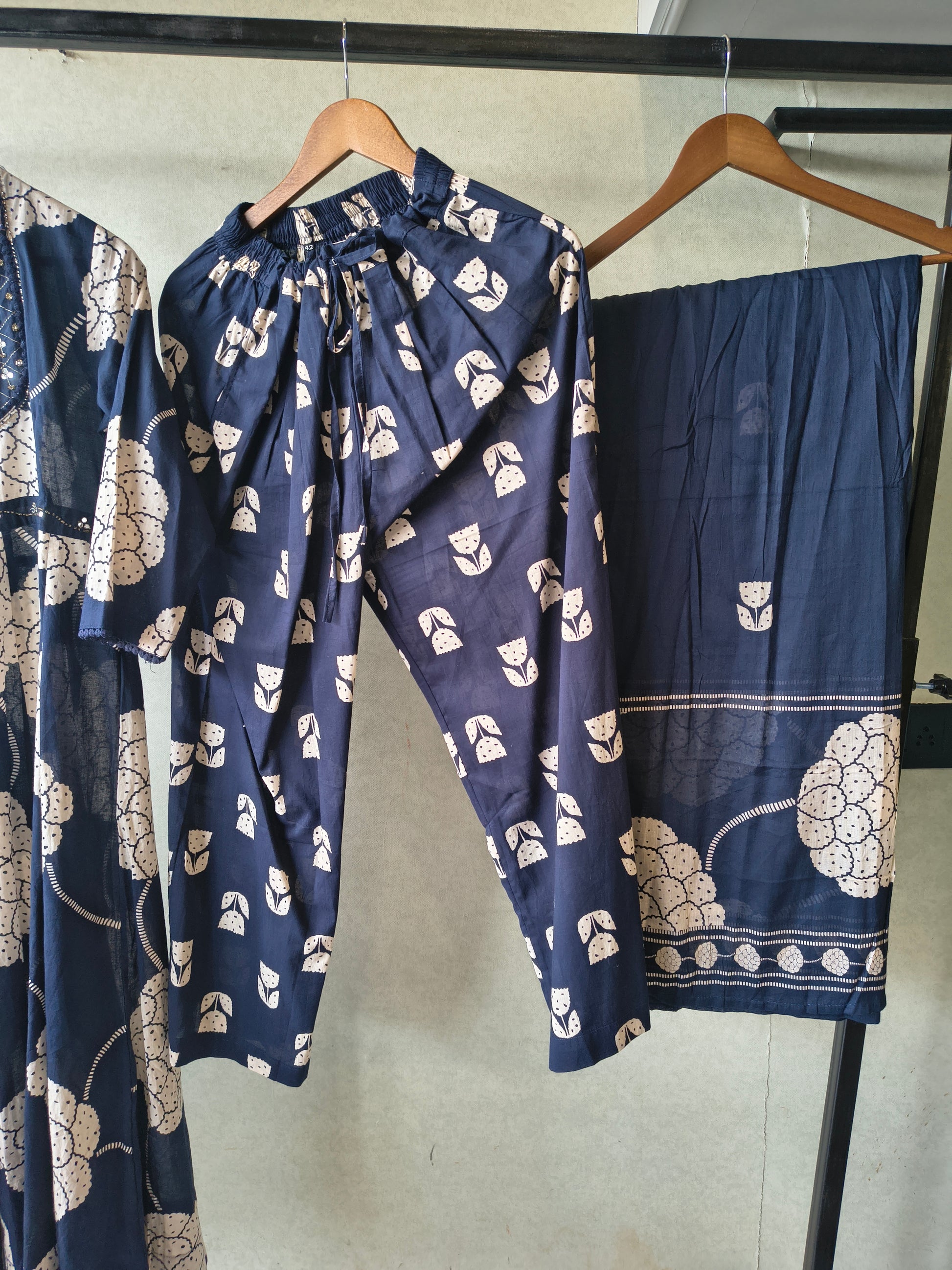 Premium Navy Blue Handblock Printed Cotton Anarkali Suit Set with Printed Pants & Dupatta