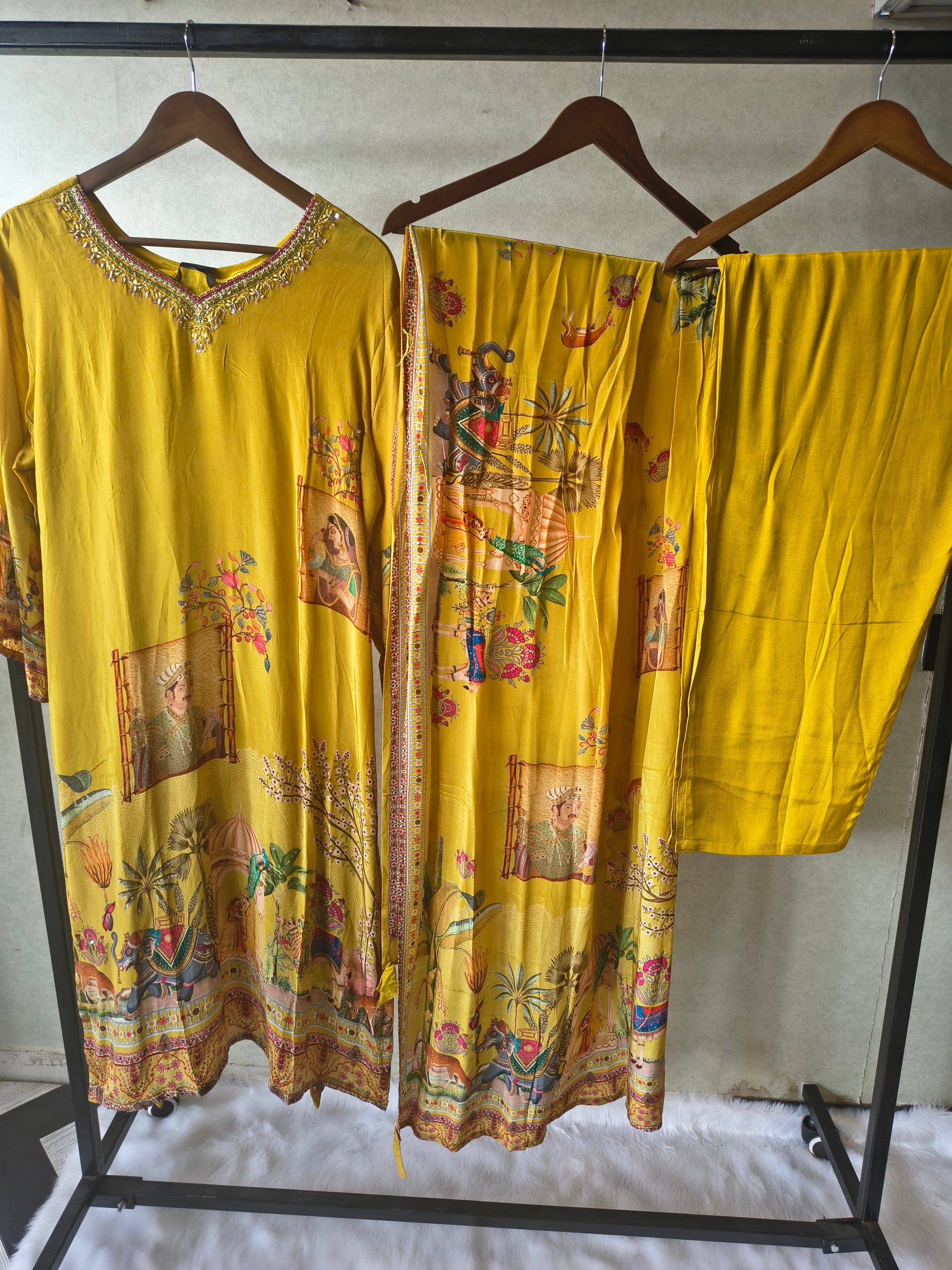 Premium Mustard Yellow Heritage Print Straight Kurta Set with Scenic Dupatta & Straight Pants