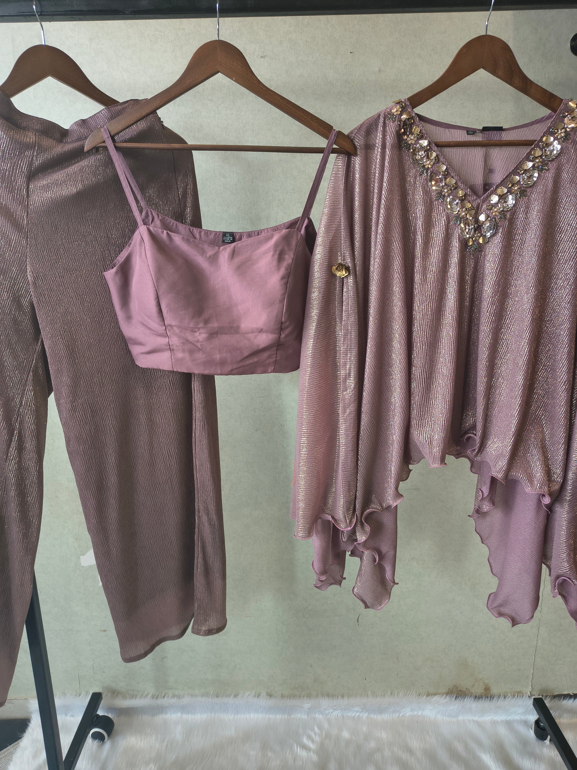 Premium Rose Gold Shimmer Kaftan Co-Ord Set with Hand Embellished Cape & Straight Pants