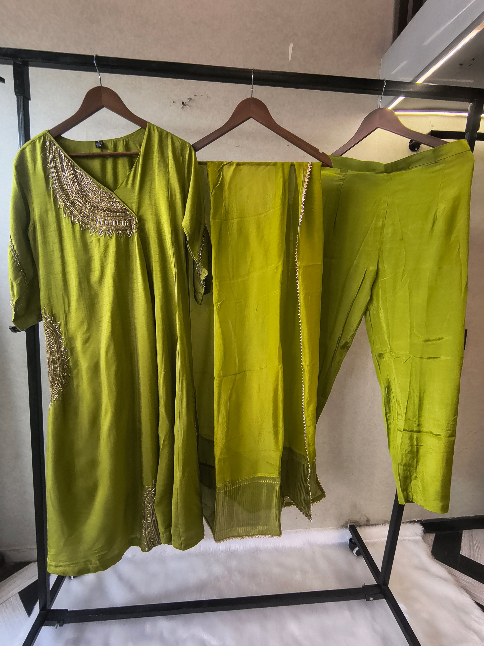 Lime Green Hand-Embroidered Designer Kurta Set with Organza Dupatta | Premium 3 Piece Ethnic Suit
