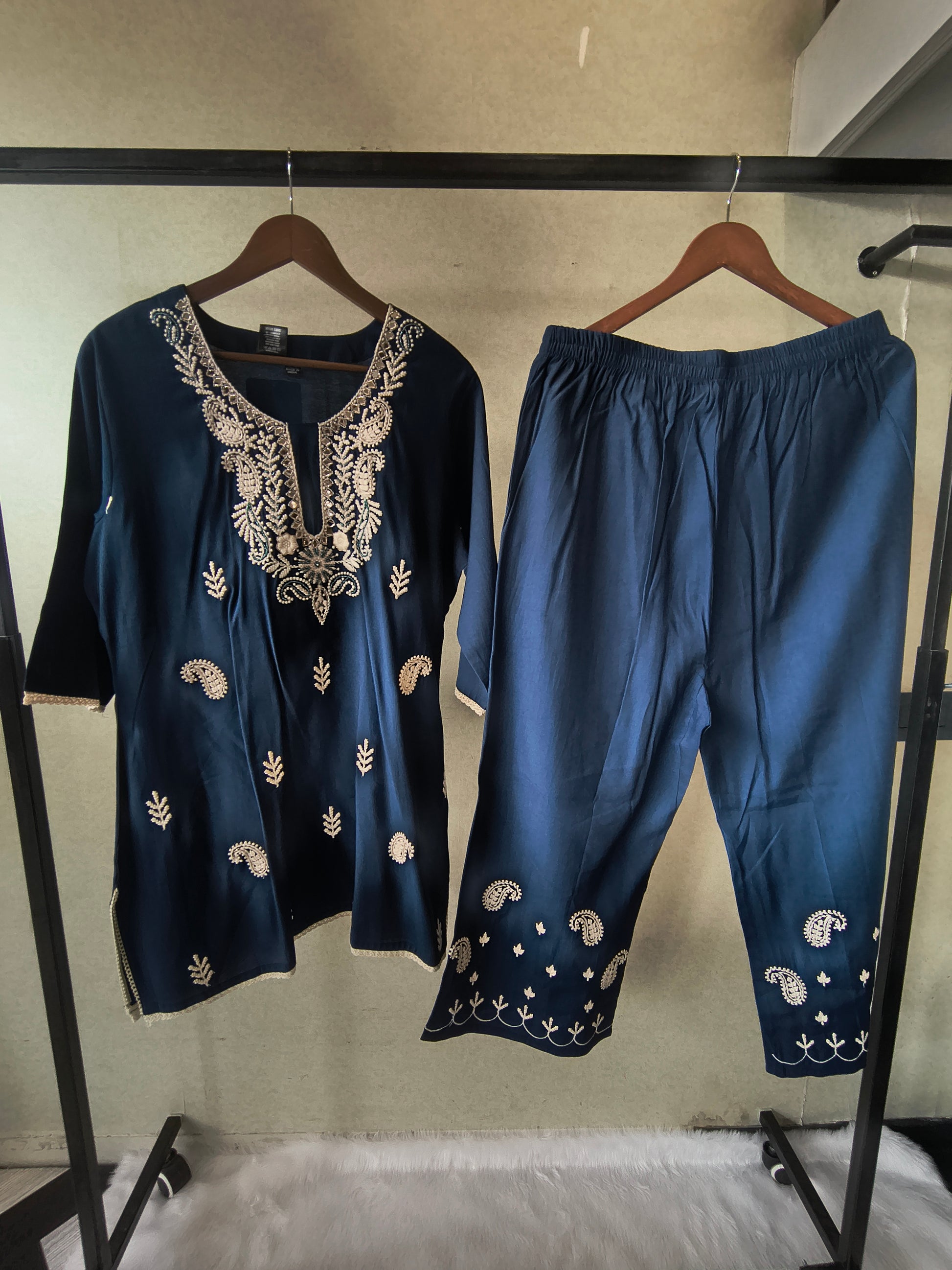 Premium Navy Blue Embroidered Kurta Set with Designer Pants