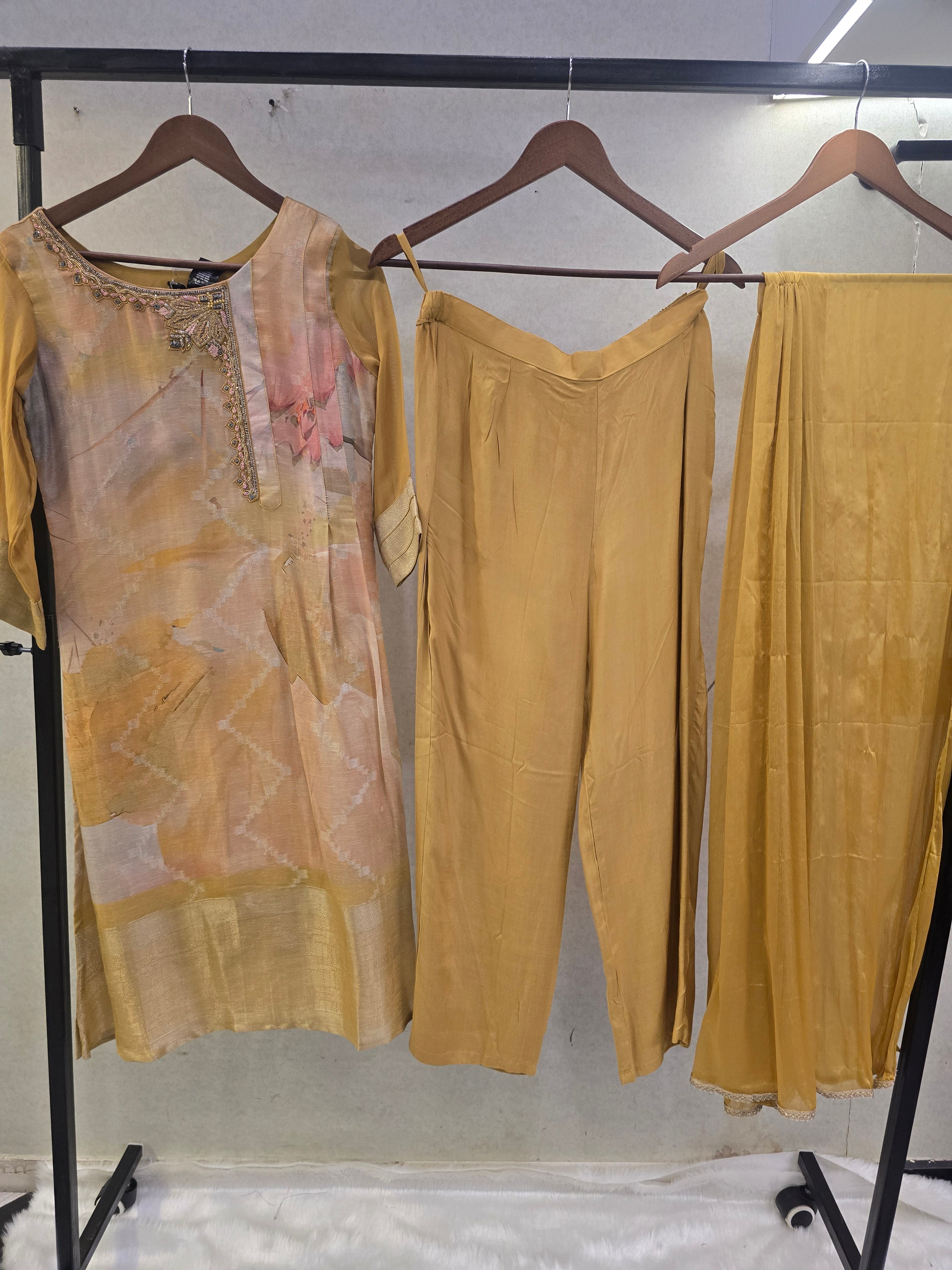 Image of Mustard Abstract Printed Designer Kurta Set with Chiffon Dupatta | Premium 3 Piece Ethnic Suit