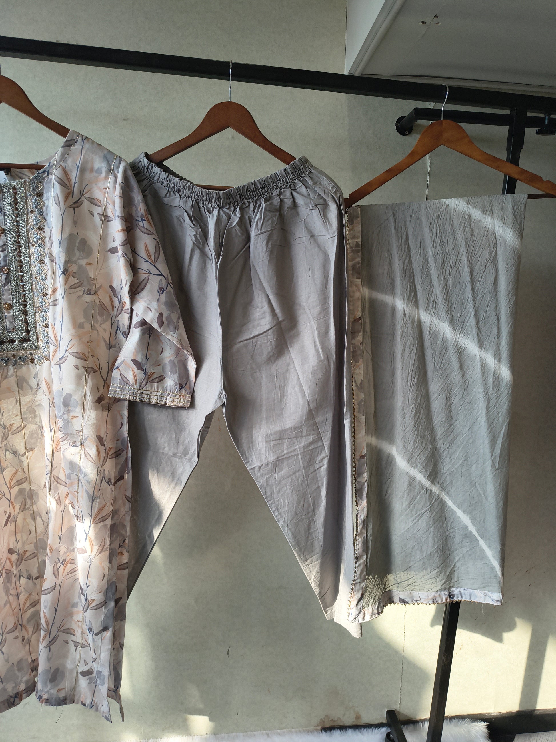 Premium Pastel Floral Printed Kurta Set with Embellished Yoke & Chiffon Dupatta