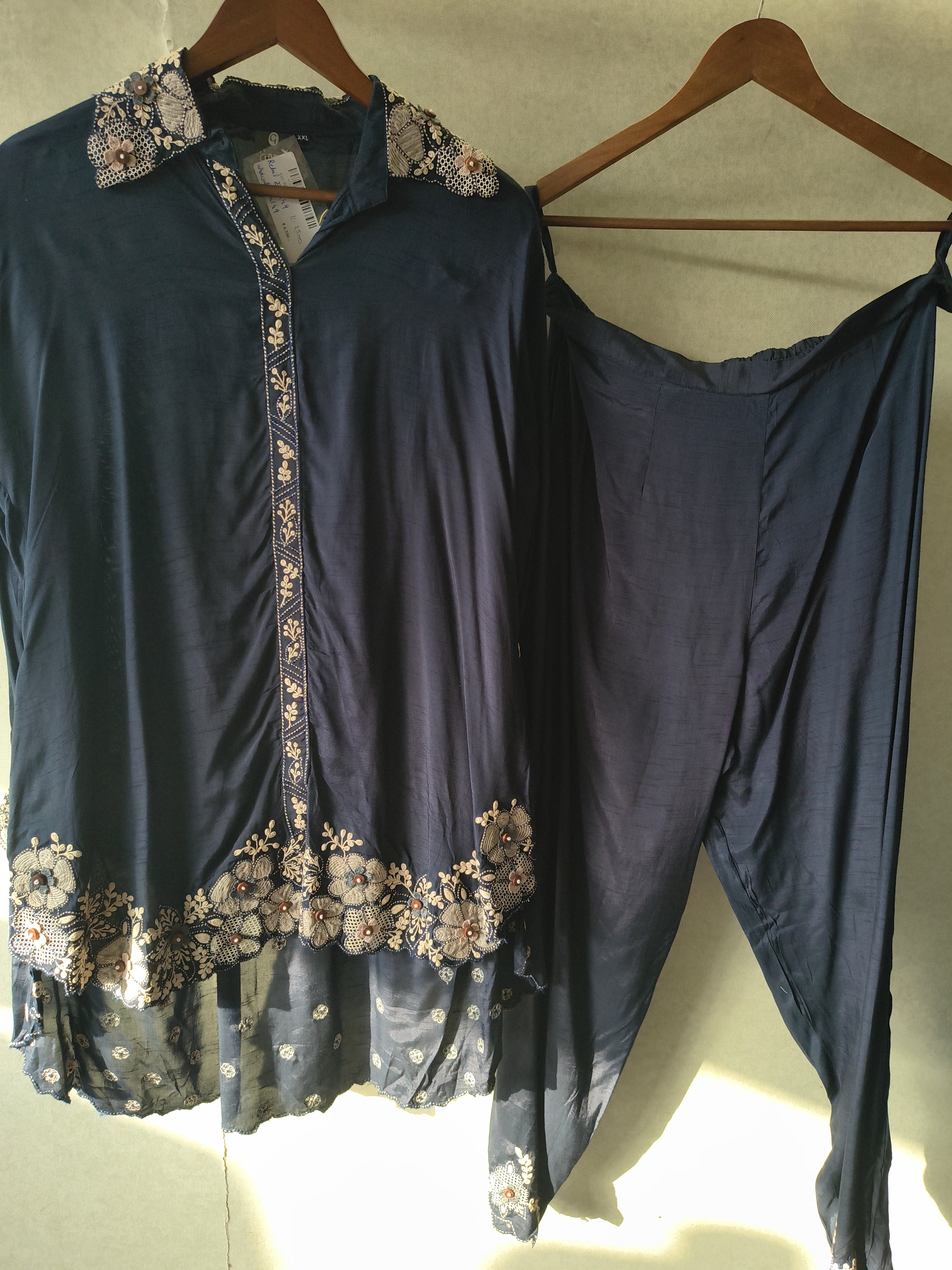 Image of Blue Embroidered Designer Co-Ord Set with Organza Hem