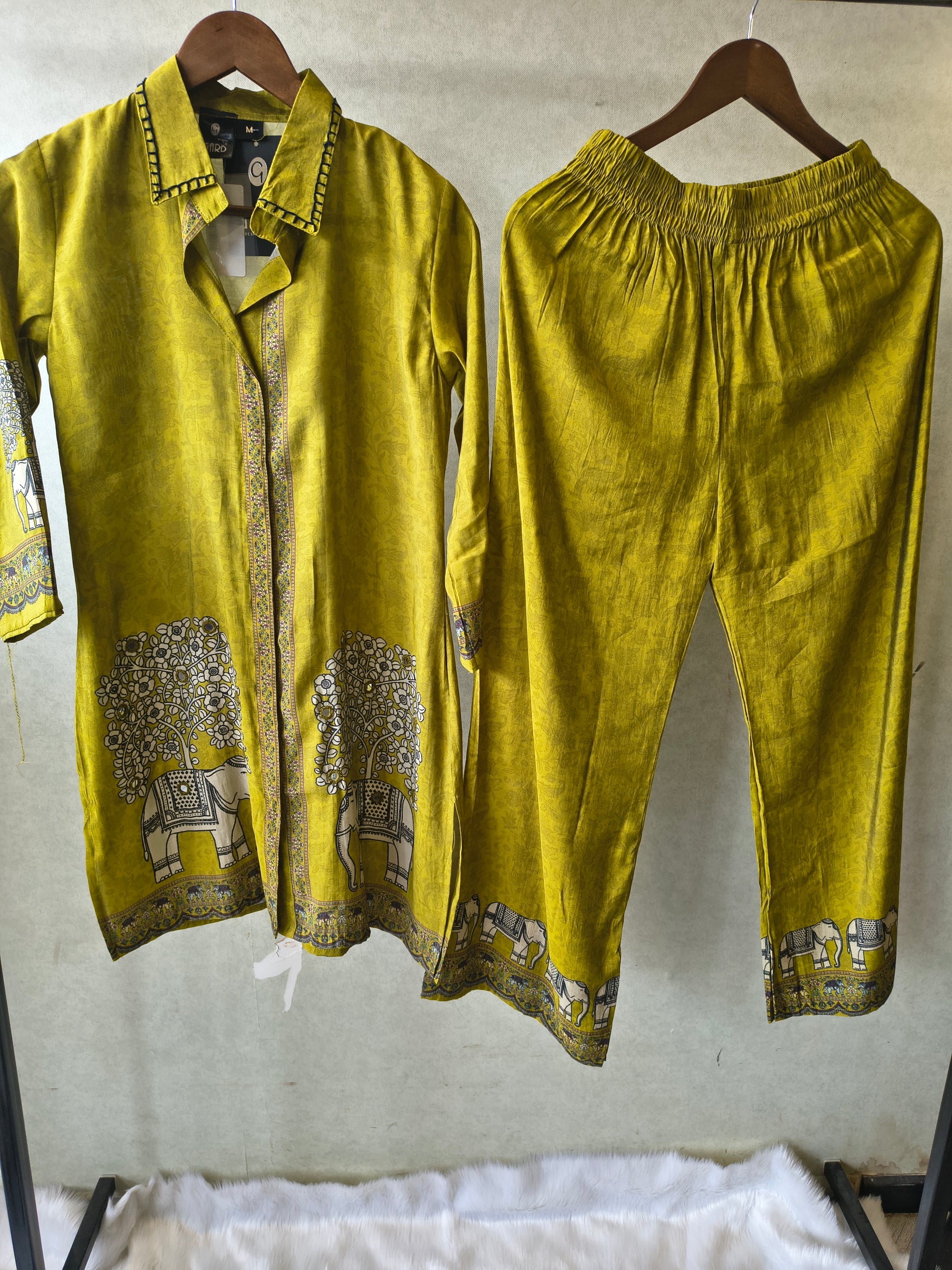 Mustard Yellow Elephant Print Designer Co-Ord Set with Asymmetrical Hem