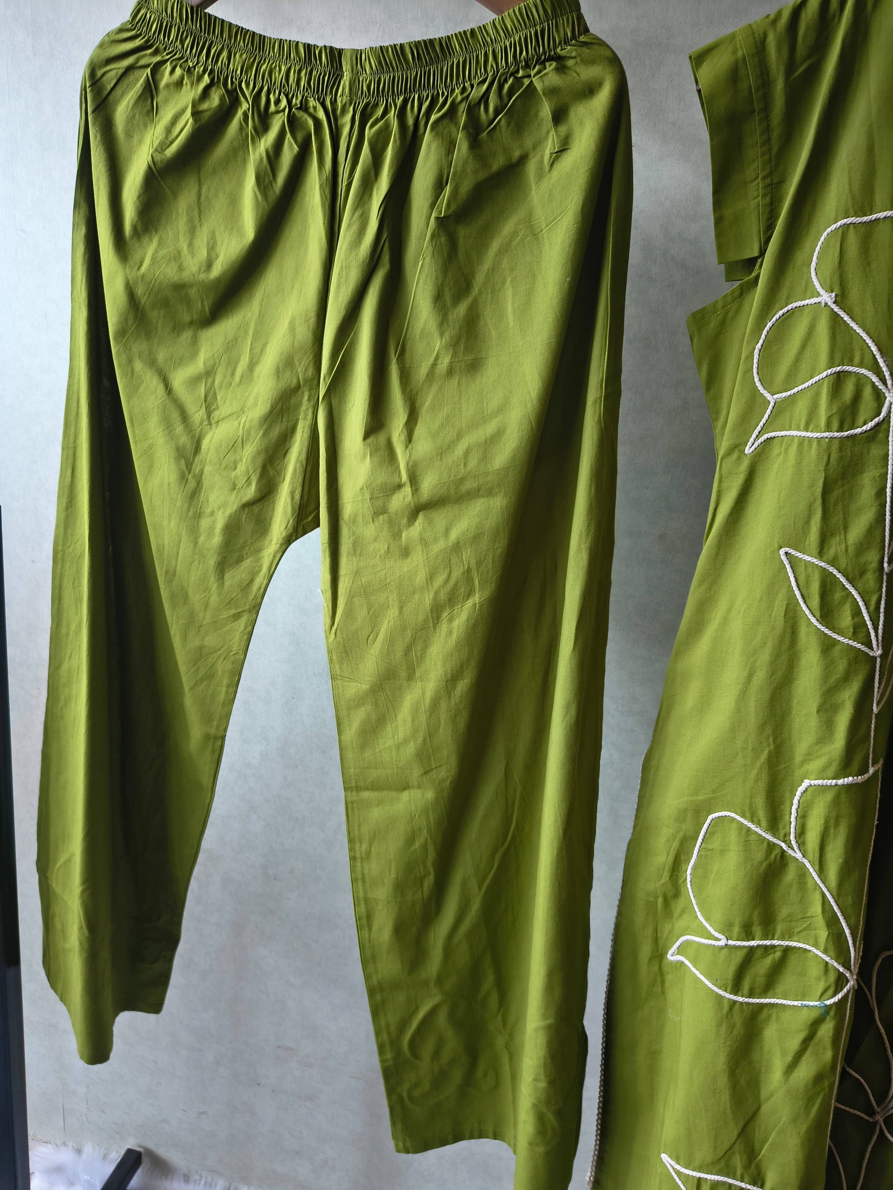 Image of Olive Green Cotton Co-Ord Set with Abstract Floral Cord Embroidery