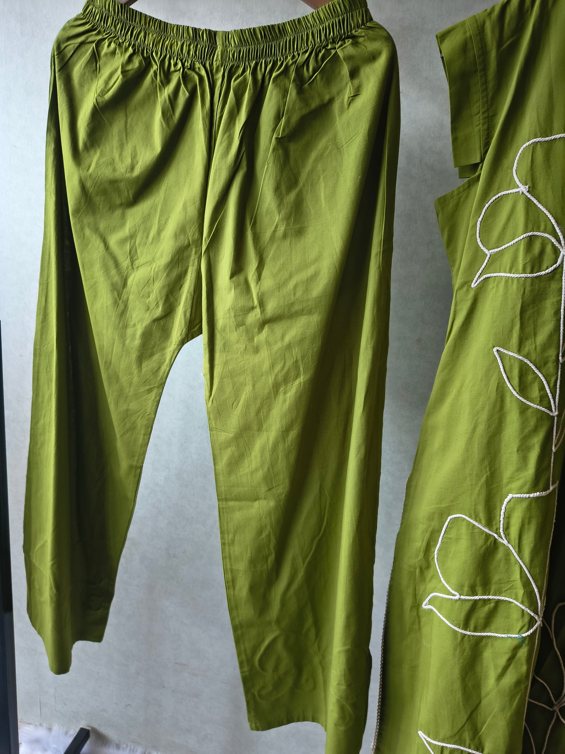 Olive Green Cotton Co-Ord Set with Abstract Floral Cord Embroidery