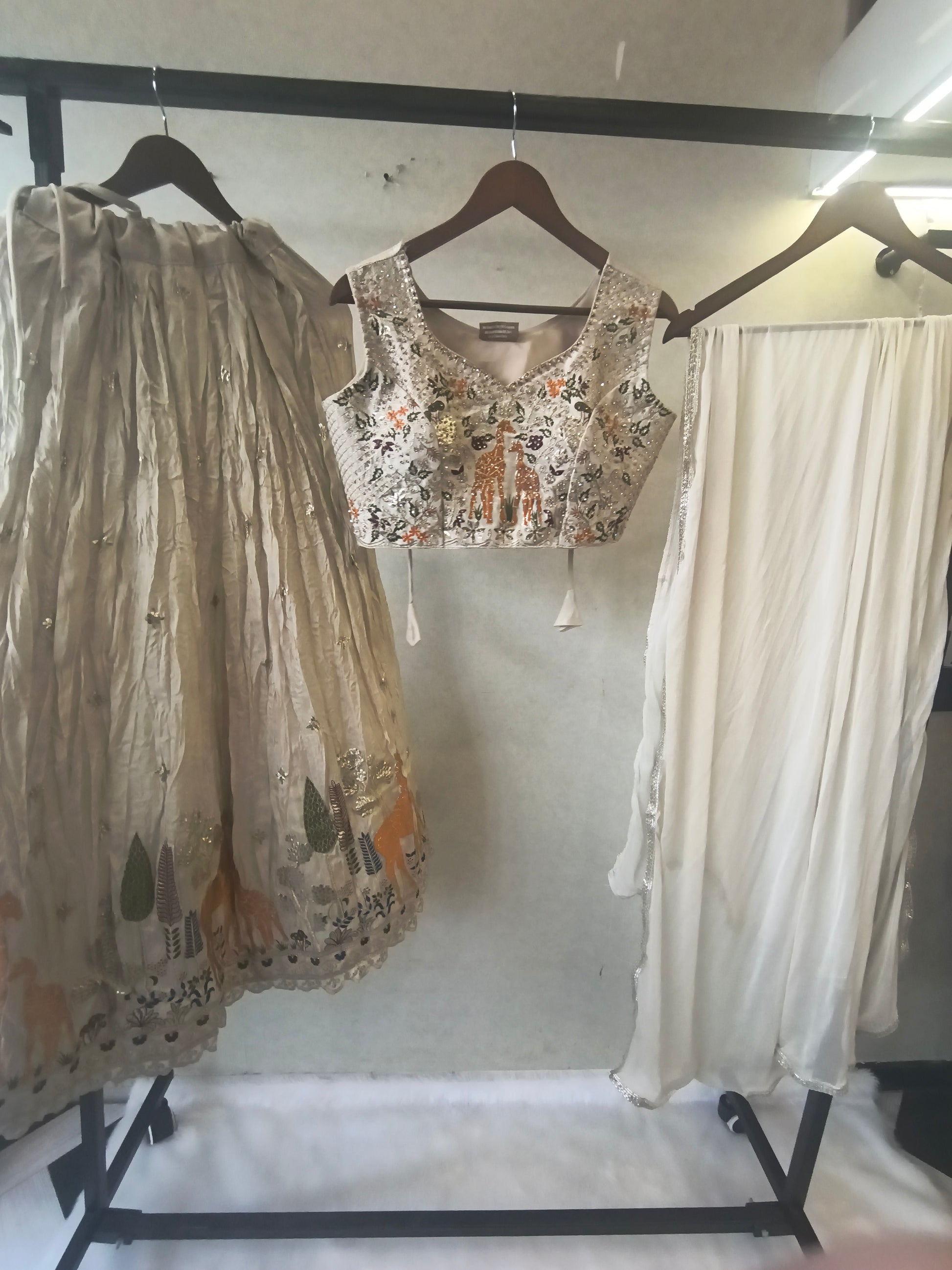 Ivory Grey Hand-Embroidered Designer Lehenga Set with Statement Blouse & Soft Organza Dupatta | Premium Wedding Collection