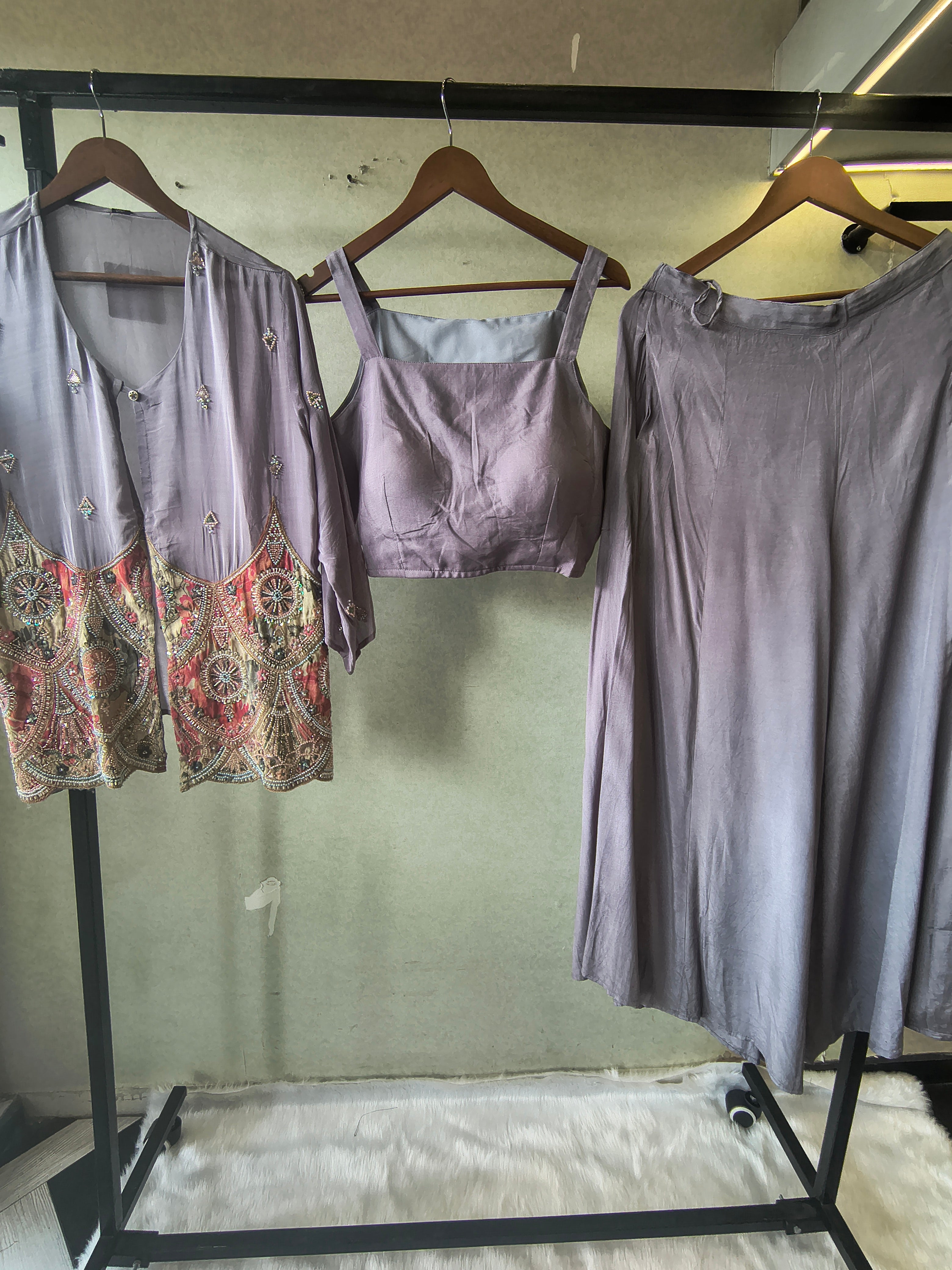 Image of Dusty Mauve Tissue Silk Embroidered Peplum Jacket with Bustier & Flared Palazzo – 3 Piece Designer Indo-Western Set