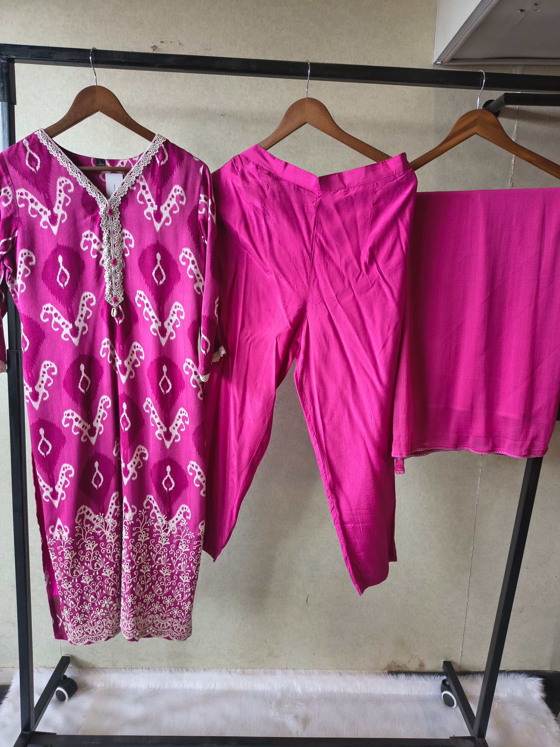 Premium Magenta Ikat Printed Cotton Kurta Set with Solid Pants & Dupatta