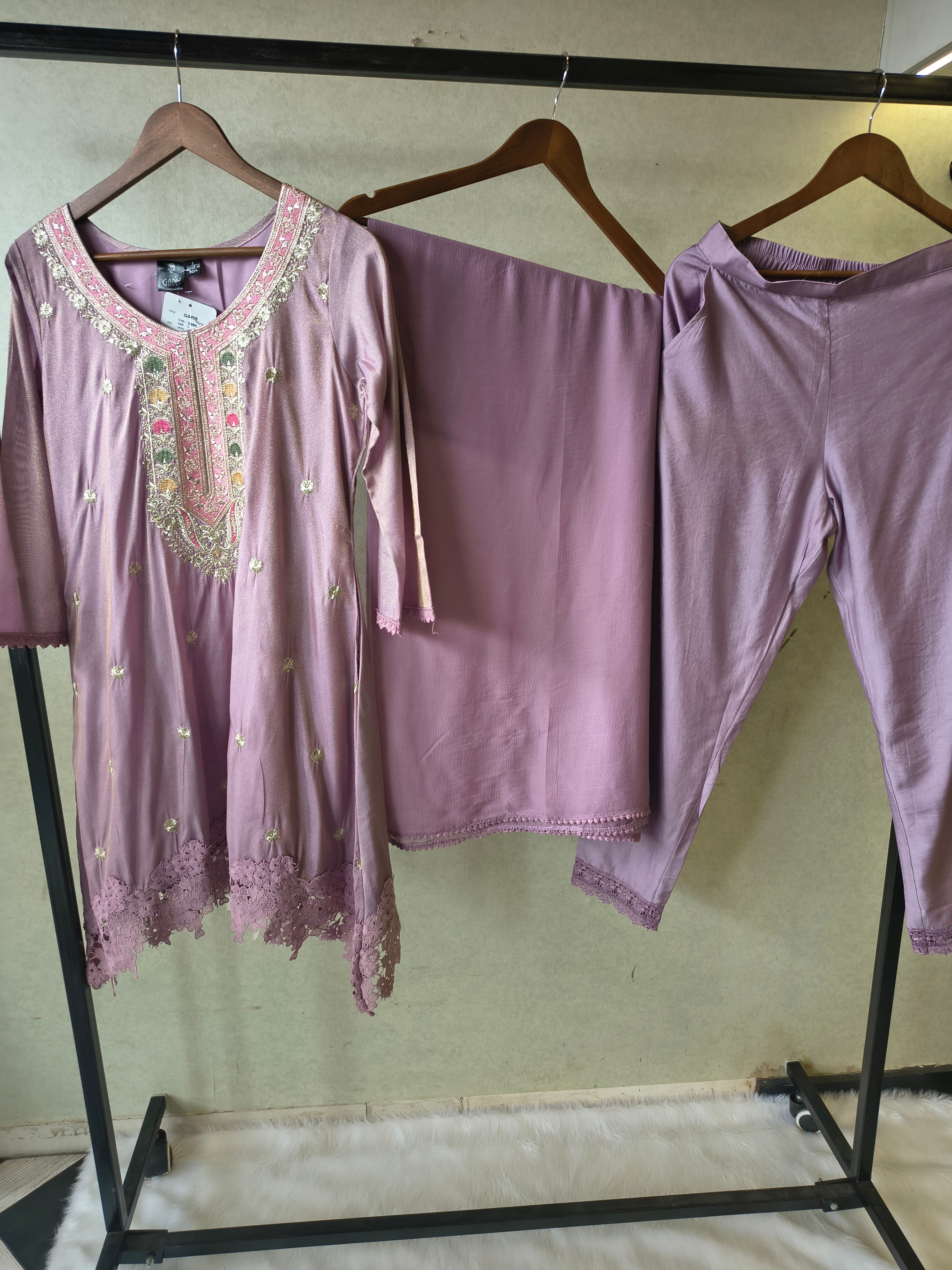 Image of Premium Dusty Lilac Embroidered Kurta Set with Lace Hem & Dupatta
