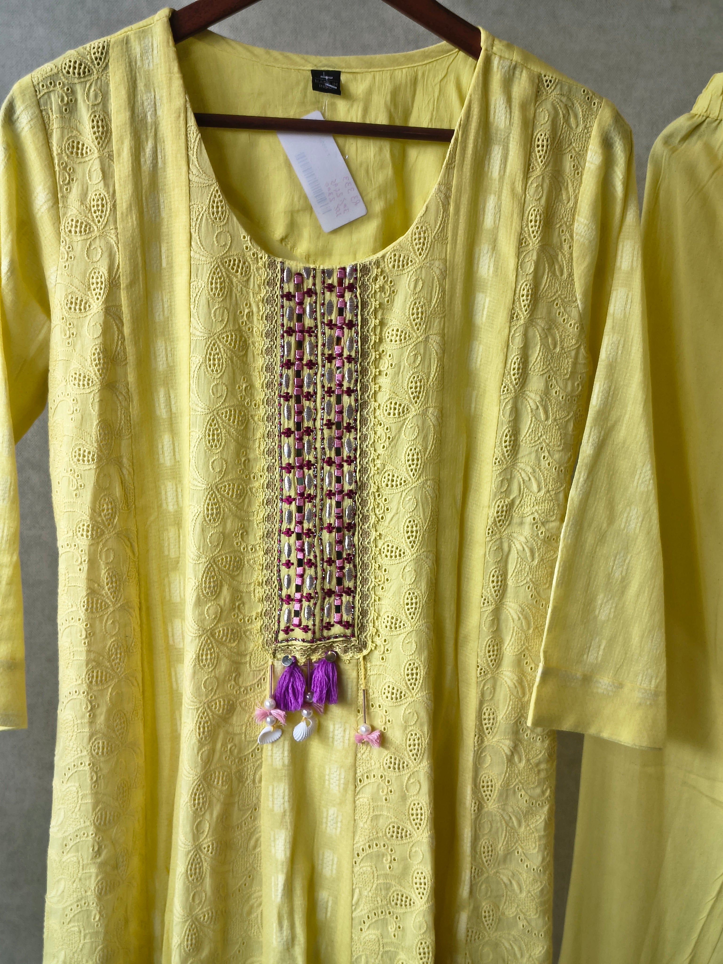 Image of Premium Sunshine Yellow Schiffli Embroidered Kurta Set with Floral Handwork & Dupatta