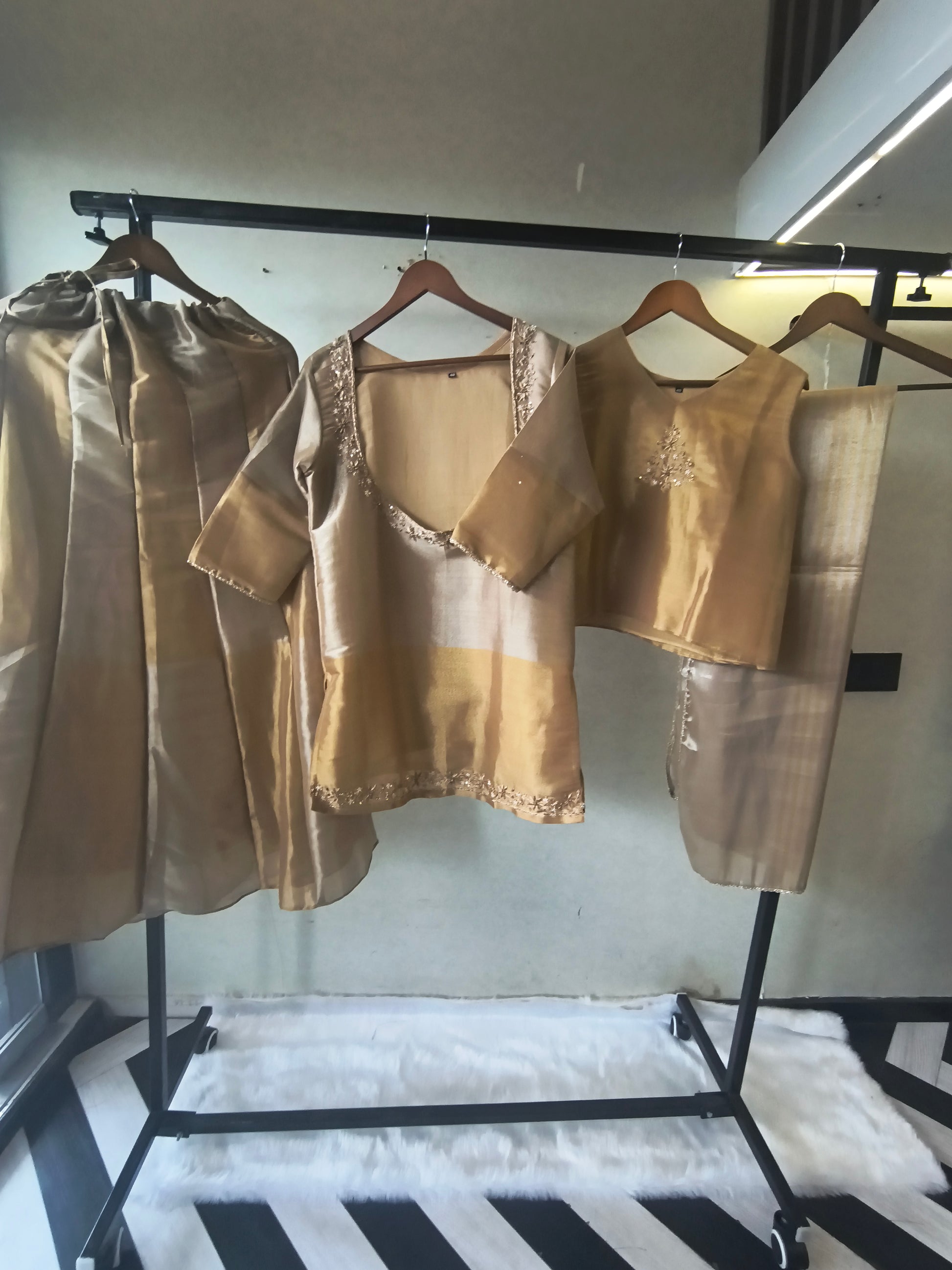Champagne Gold Tissue Silk Embroidered Layered Kurta with Inner, Palazzo & Woven Dupatta – 4 Piece Designer Festive Set