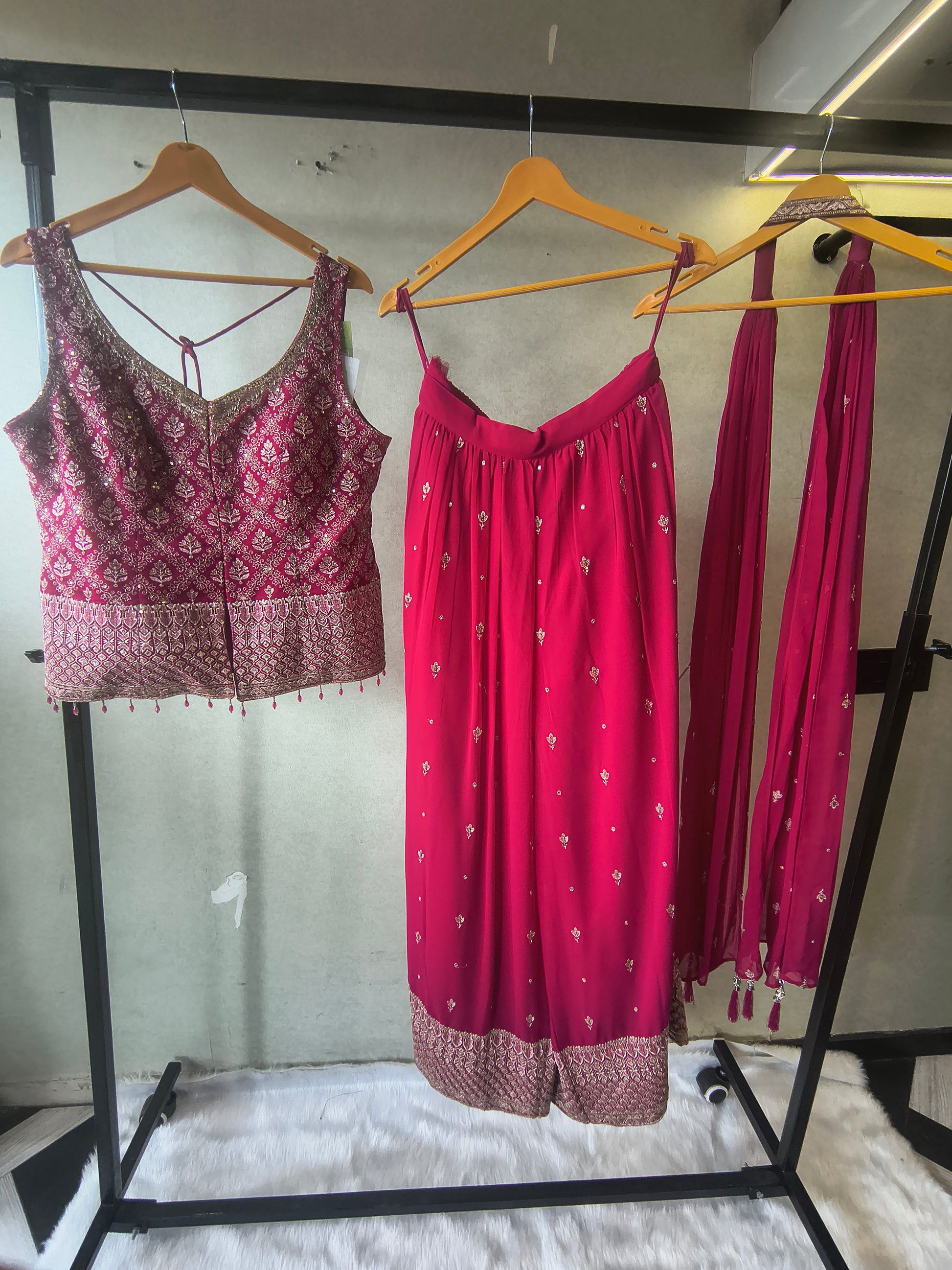 Rani Pink Zari Woven Blouse with Flared Palazzo & Embellished Dupatta – Designer 3 Piece Festive Set