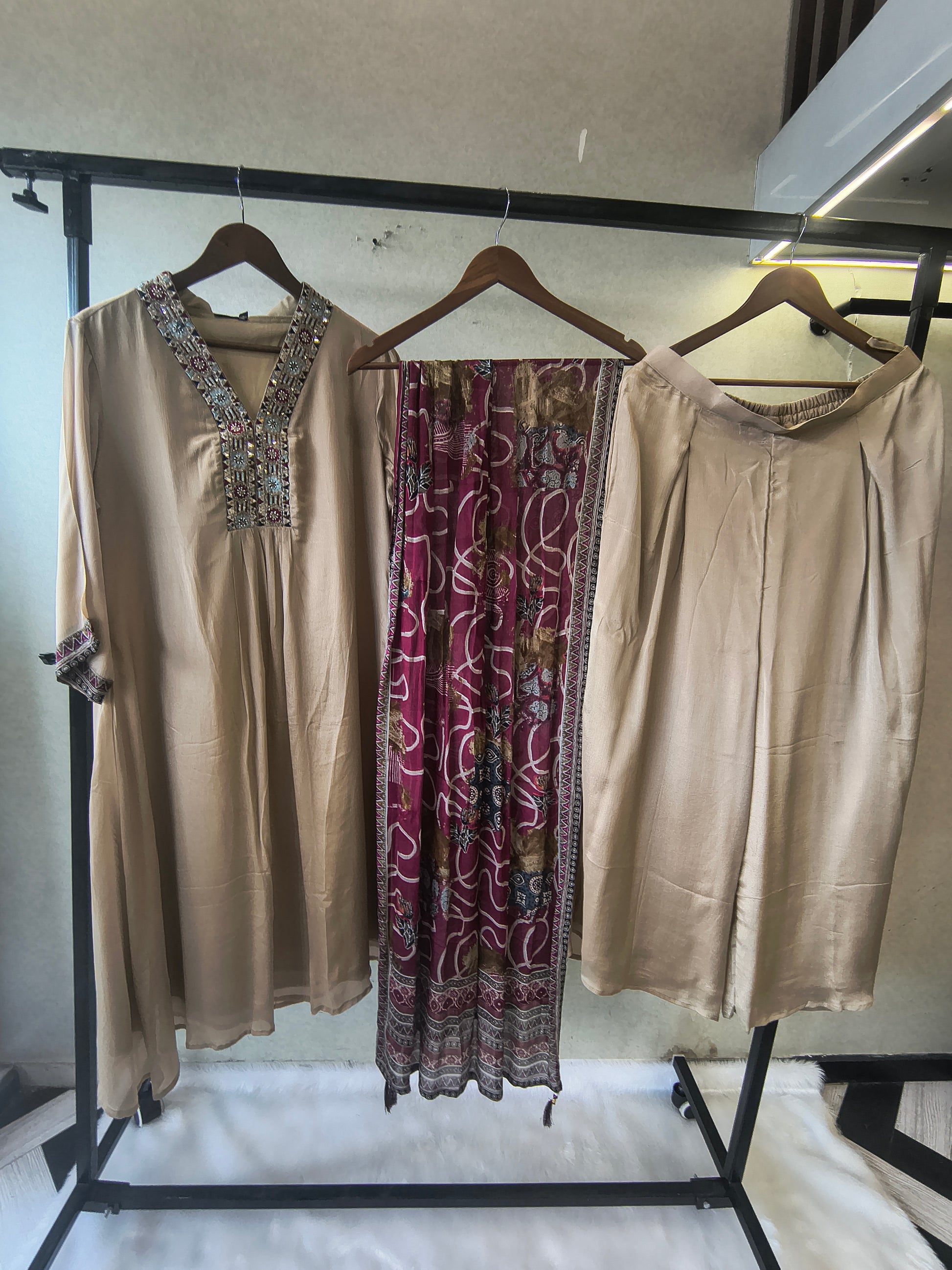 Ivory Beige Embroidered Designer Kurta Set with Printed Dupatta | Premium 3 Piece Ethnic Suit