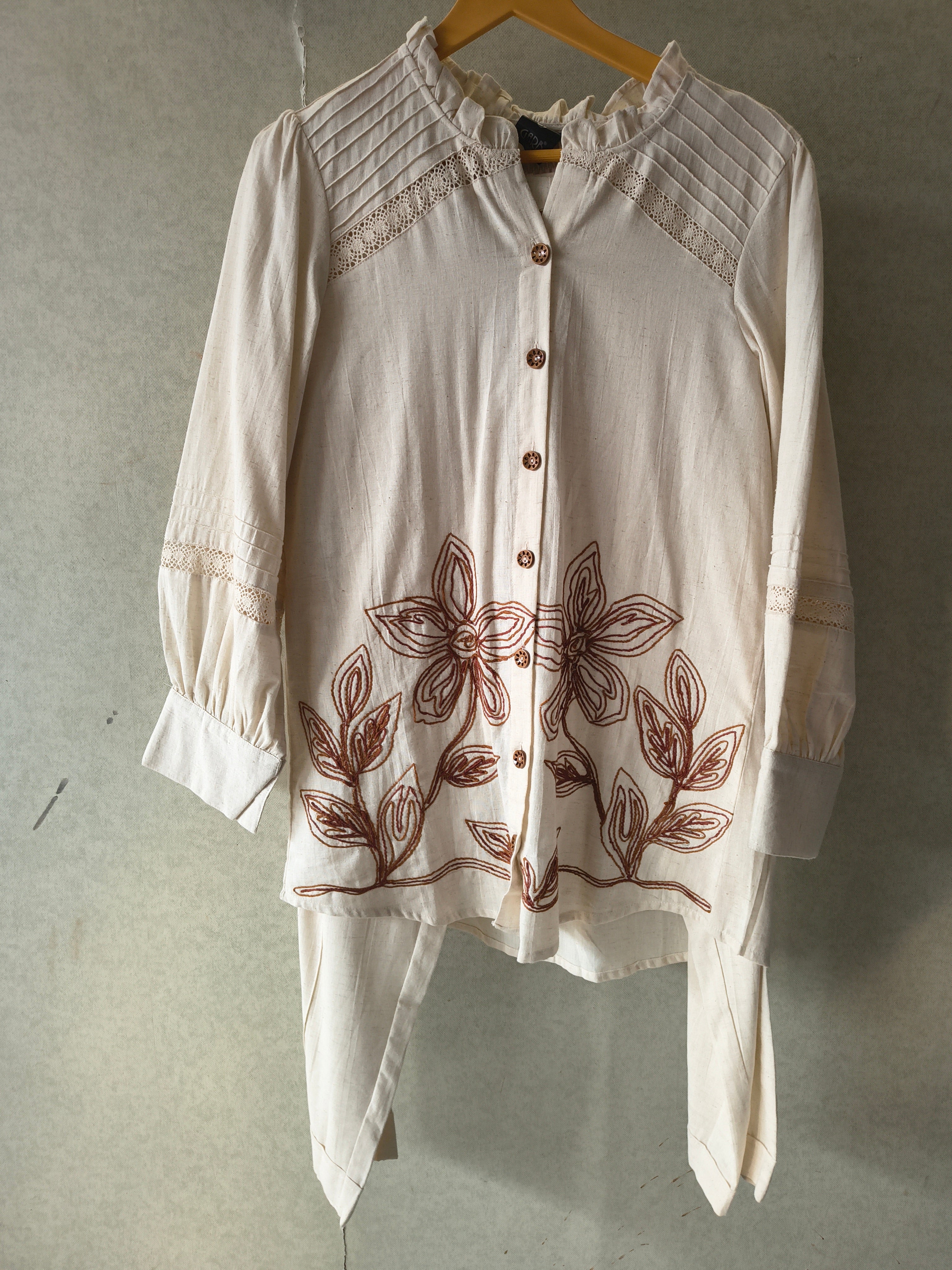 Image of Ivory Botanical Embroidered Pintuck Designer Co-Ord Set