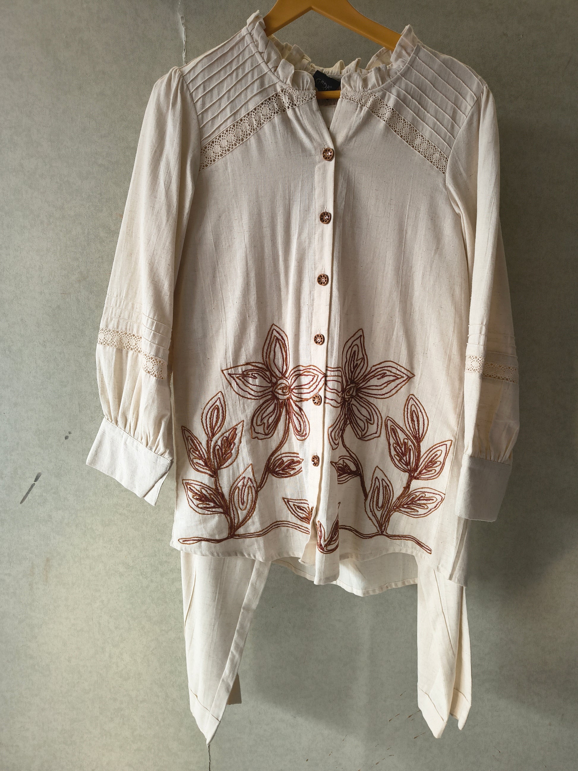Ivory Botanical Embroidered Pintuck Designer Co-Ord Set