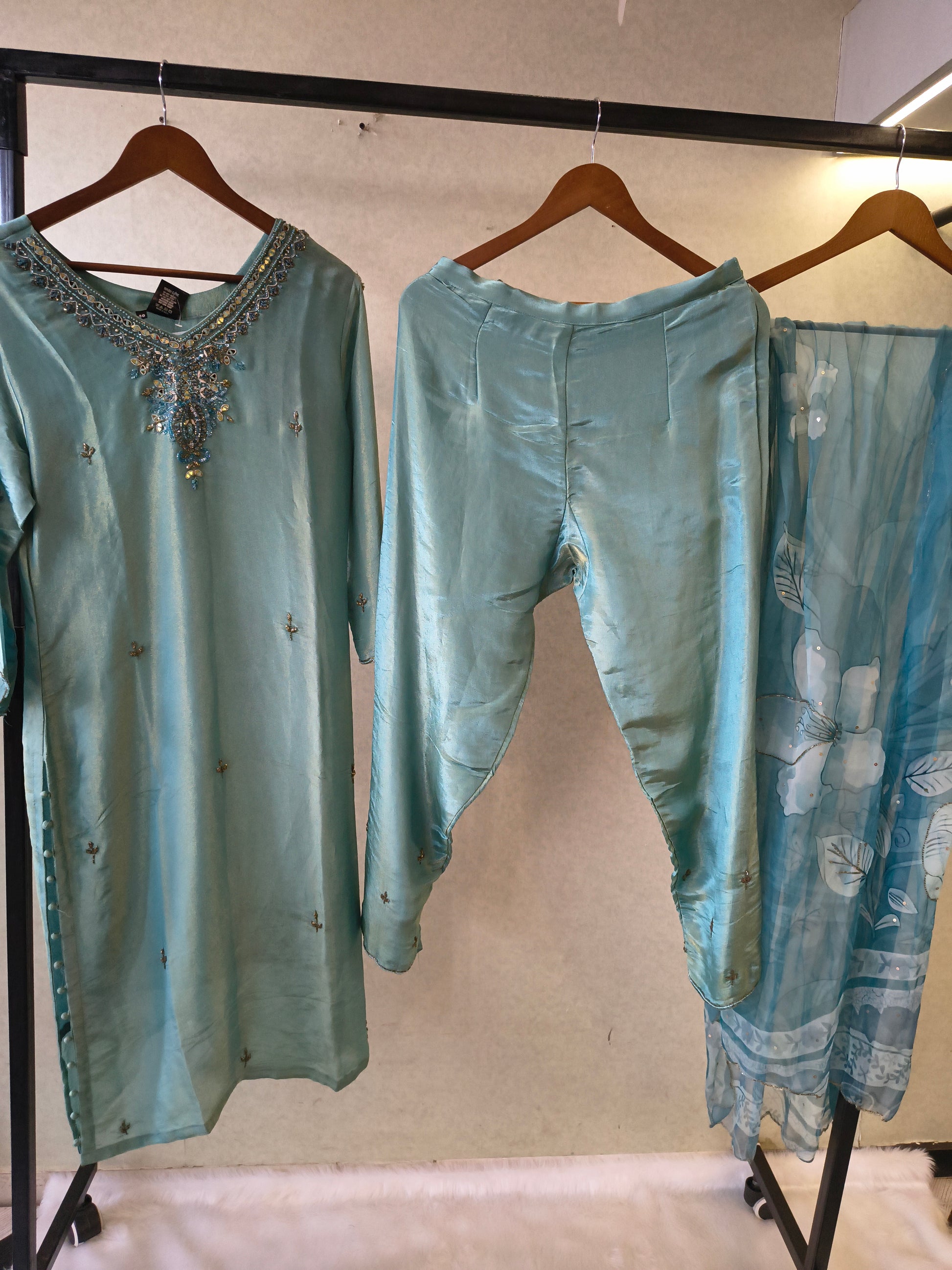 Ice Blue Hand-Embroidered Designer Kurta Set with Floral Organza Dupatta | Premium 3 Piece Ethnic Suit