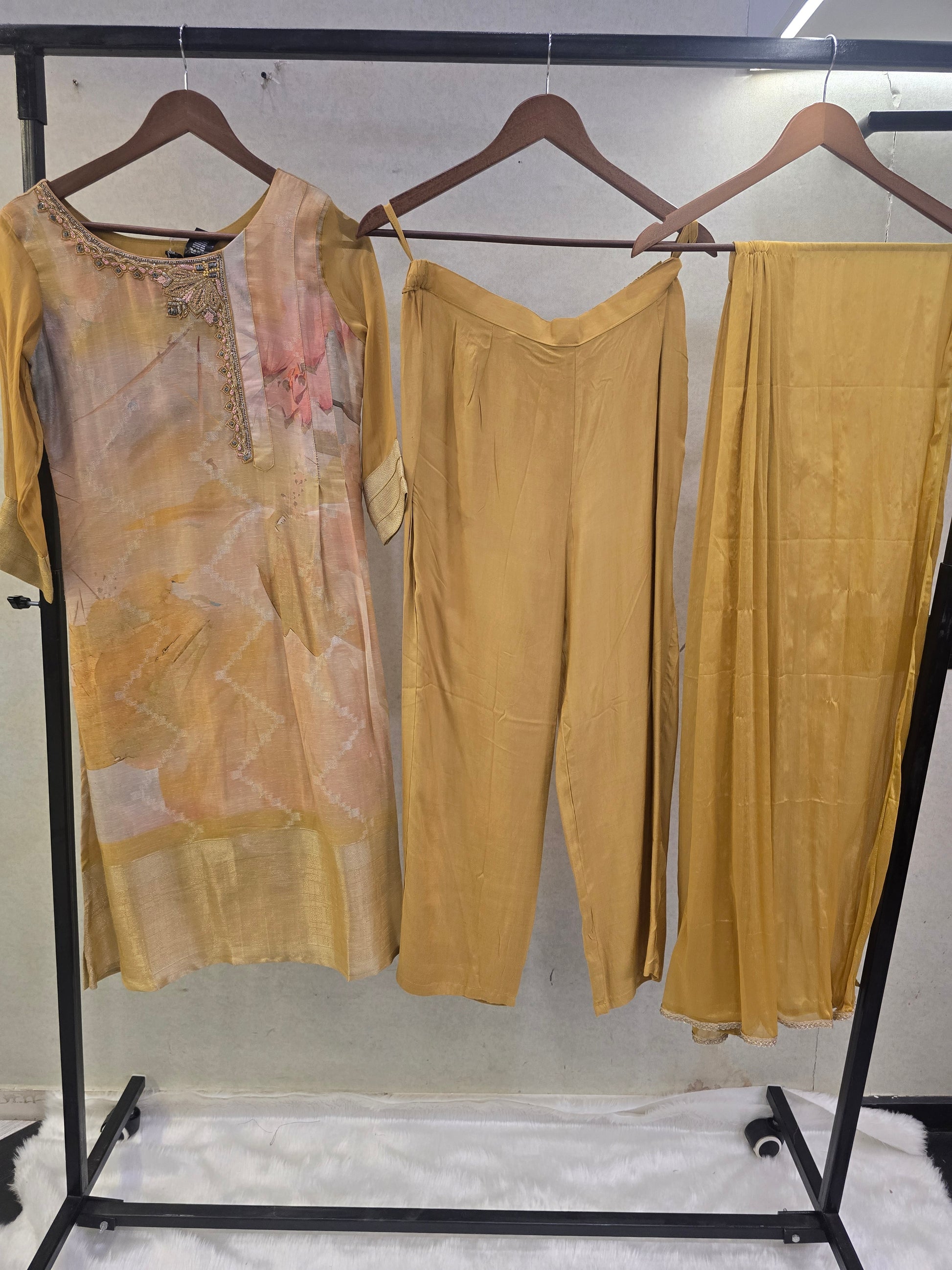 Mustard Abstract Printed Designer Kurta Set with Chiffon Dupatta | Premium 3 Piece Ethnic Suit