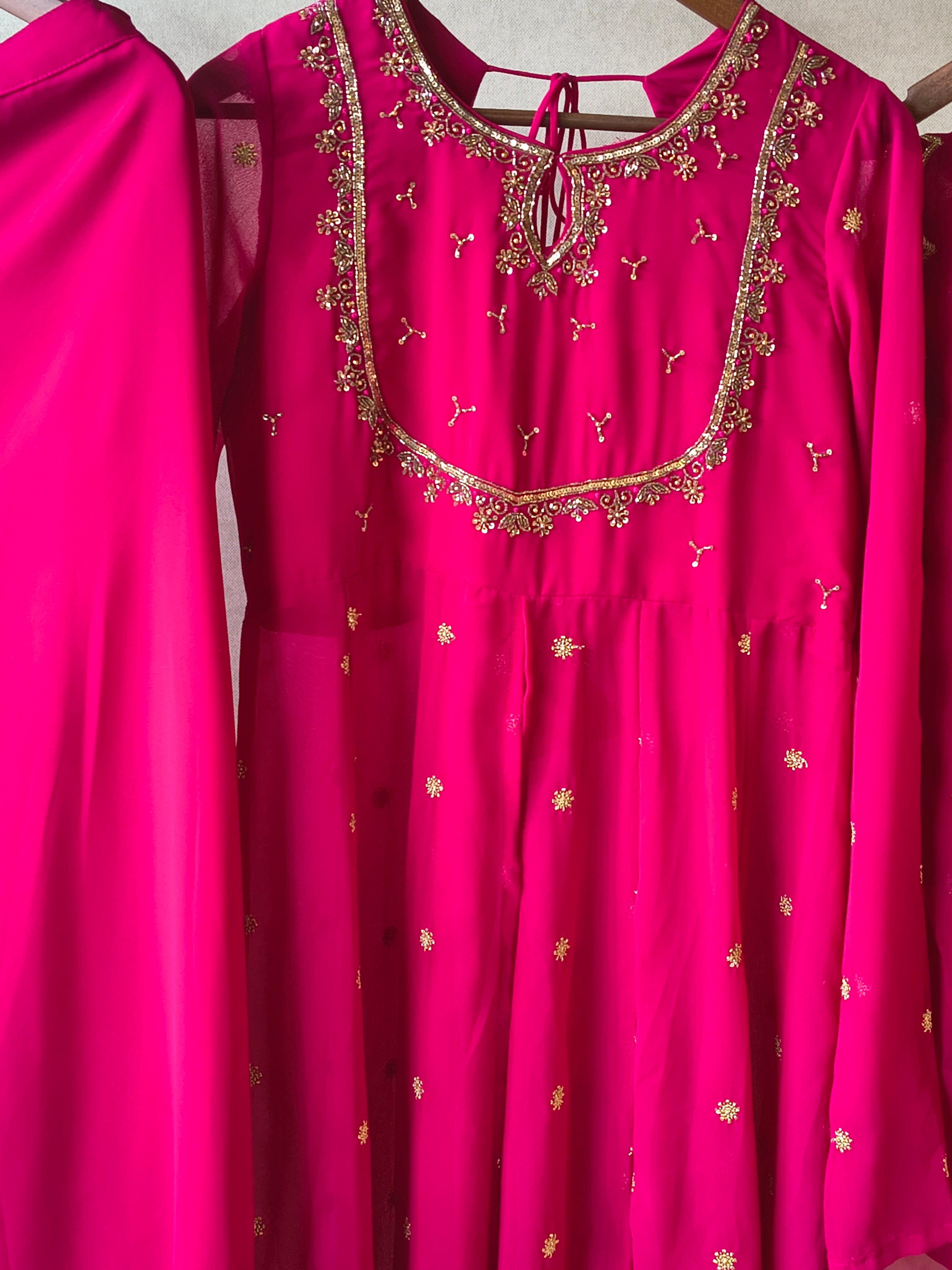 Image of Premium Fuchsia Pink Embroidered Kurta with Sharara & Embellished Dupatta Set