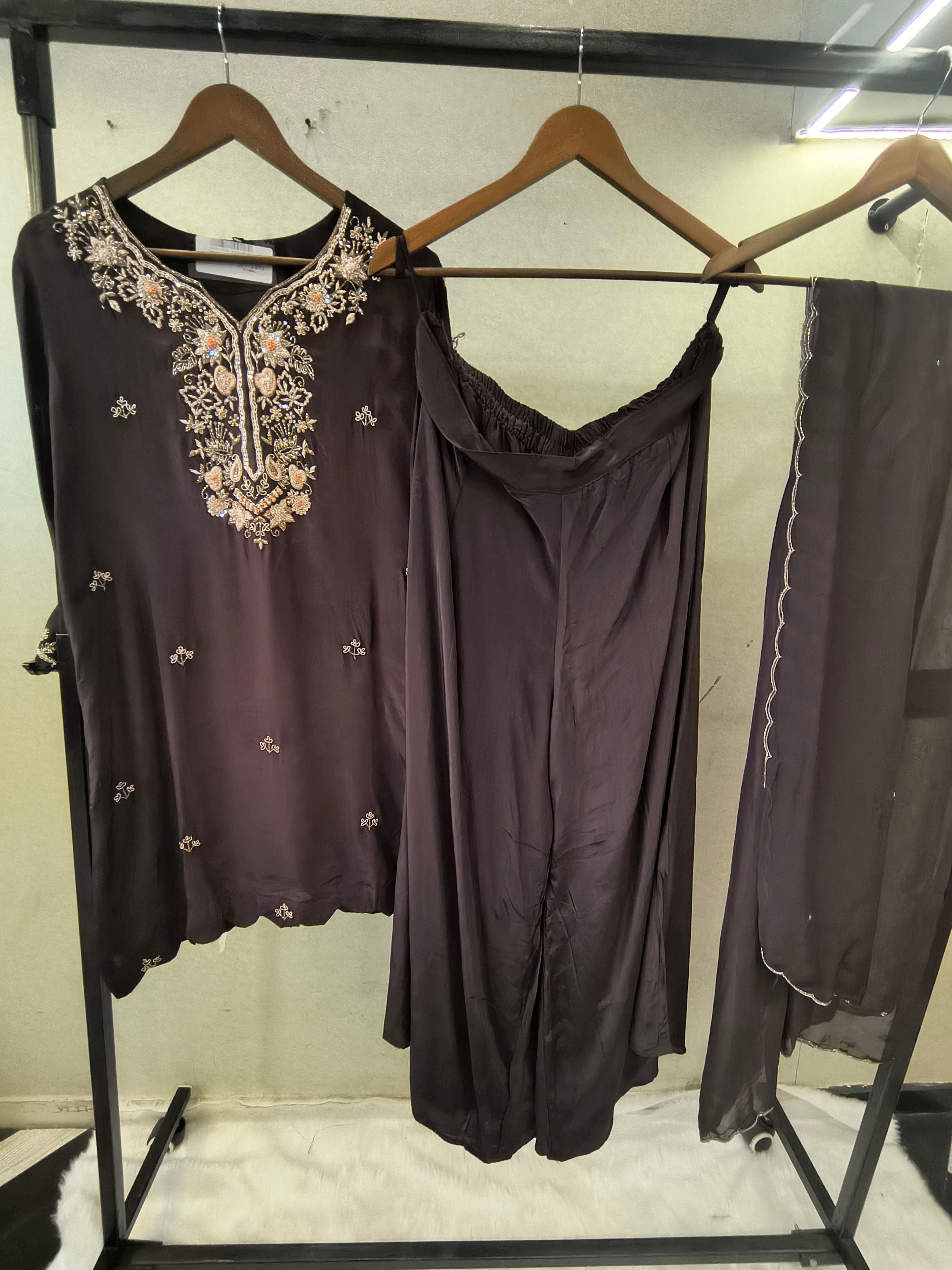 Image of Chocolate Brown Embroidered Straight Kurta Set with Wide Palazzo & Chiffon Dupatta | Premium 3 Piece Festive Ensemble