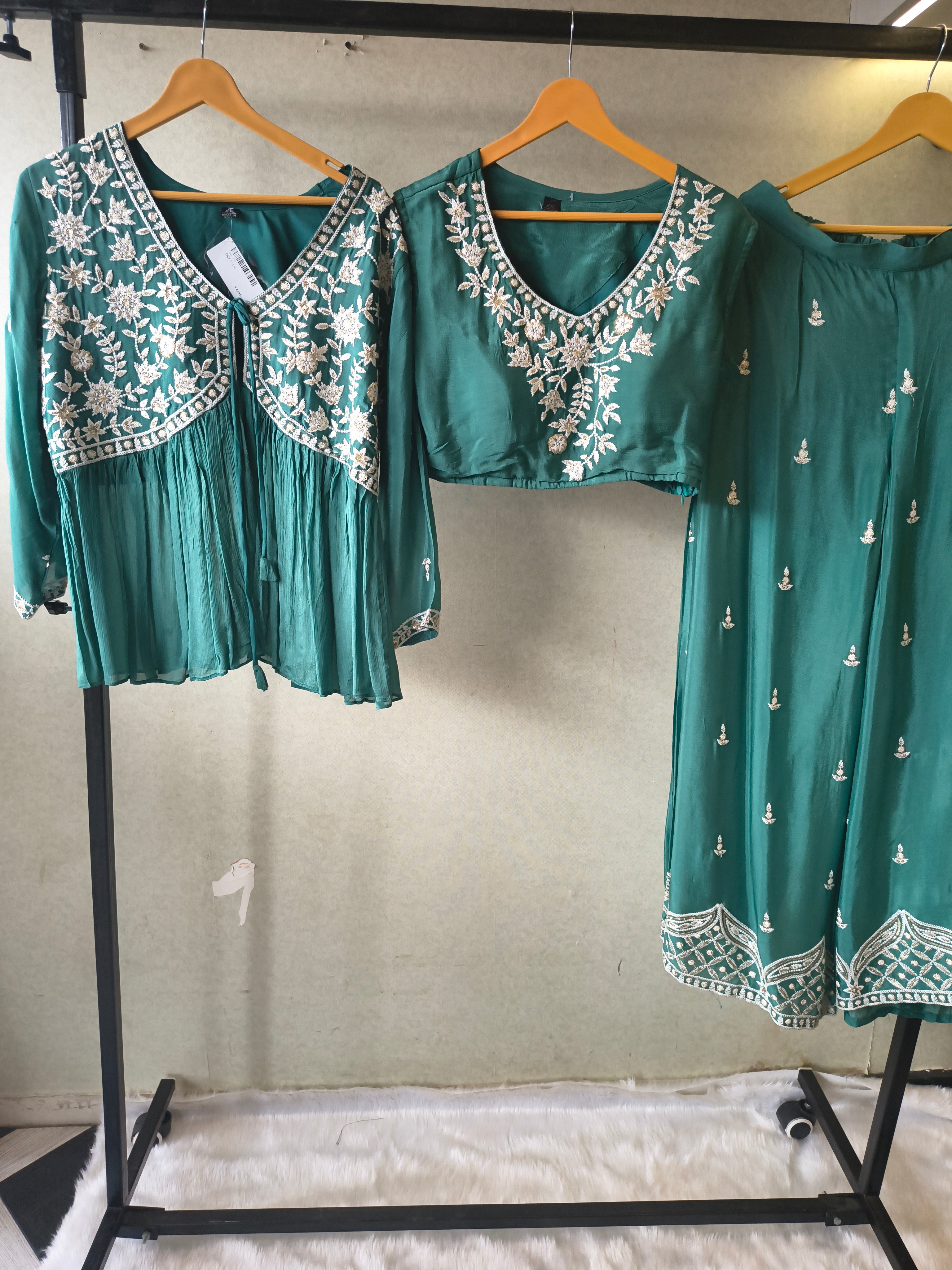 Image of Emerald Green Embroidered Peplum Jacket with Blouse & Flared Palazzo – Designer 3 Piece Indo-Western Set