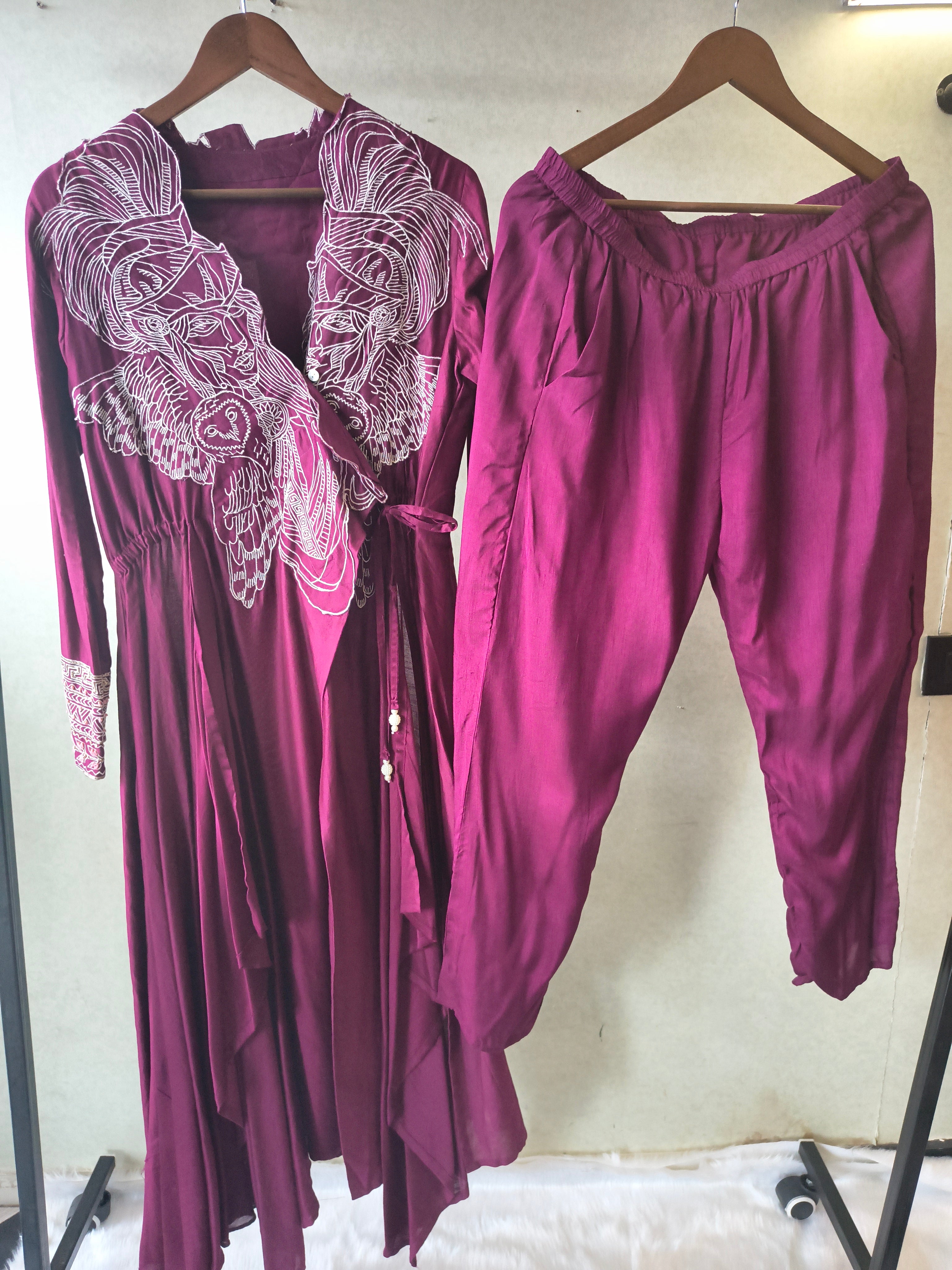 Image of Wine Embroidered Wrap Style Indo-Western Jacket with Dhoti Pants – Designer 2 Piece Fusion Set