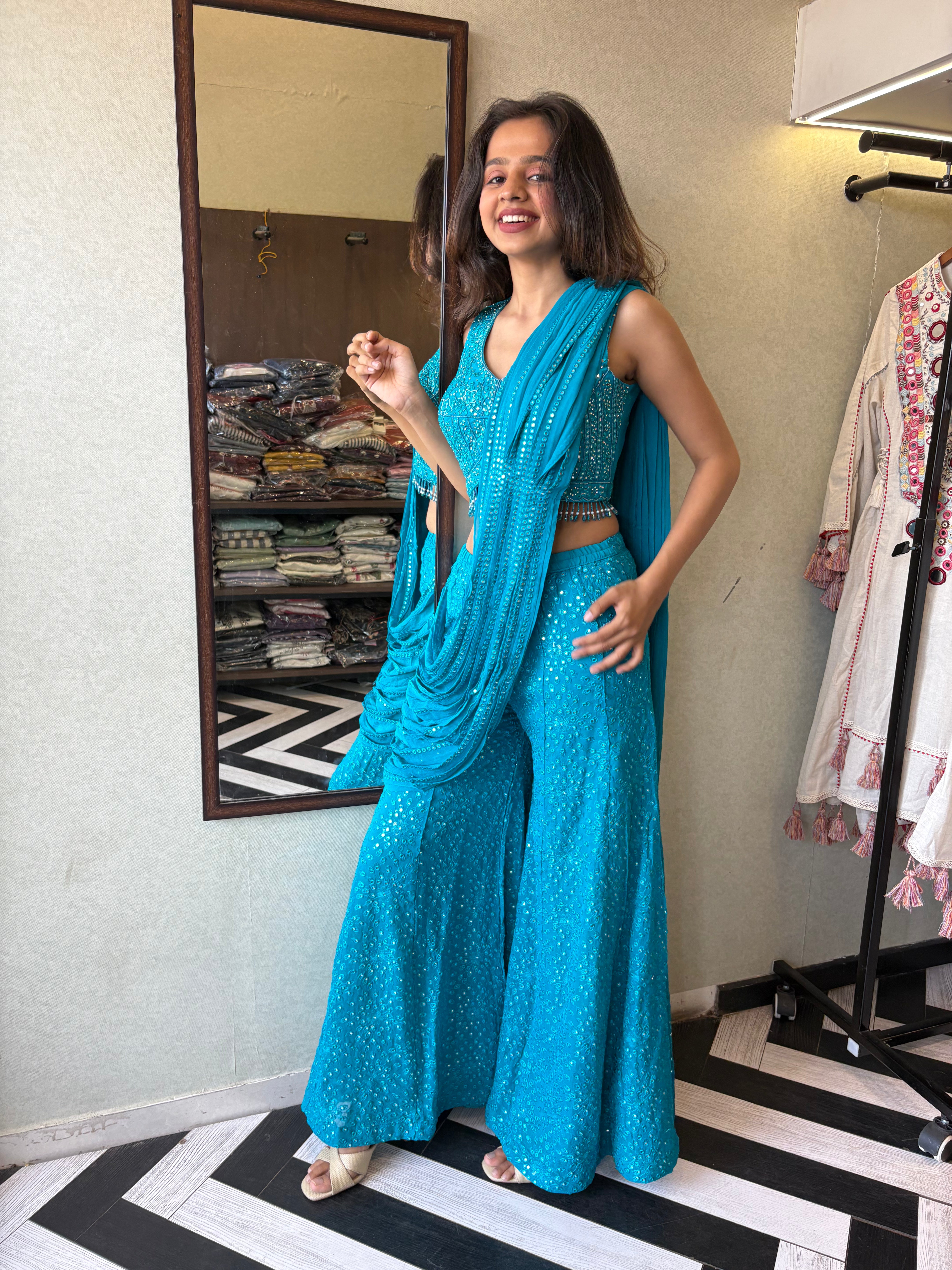 Our Deep Blue Indo-Western Plazzo Set - where bold meets beautiful!