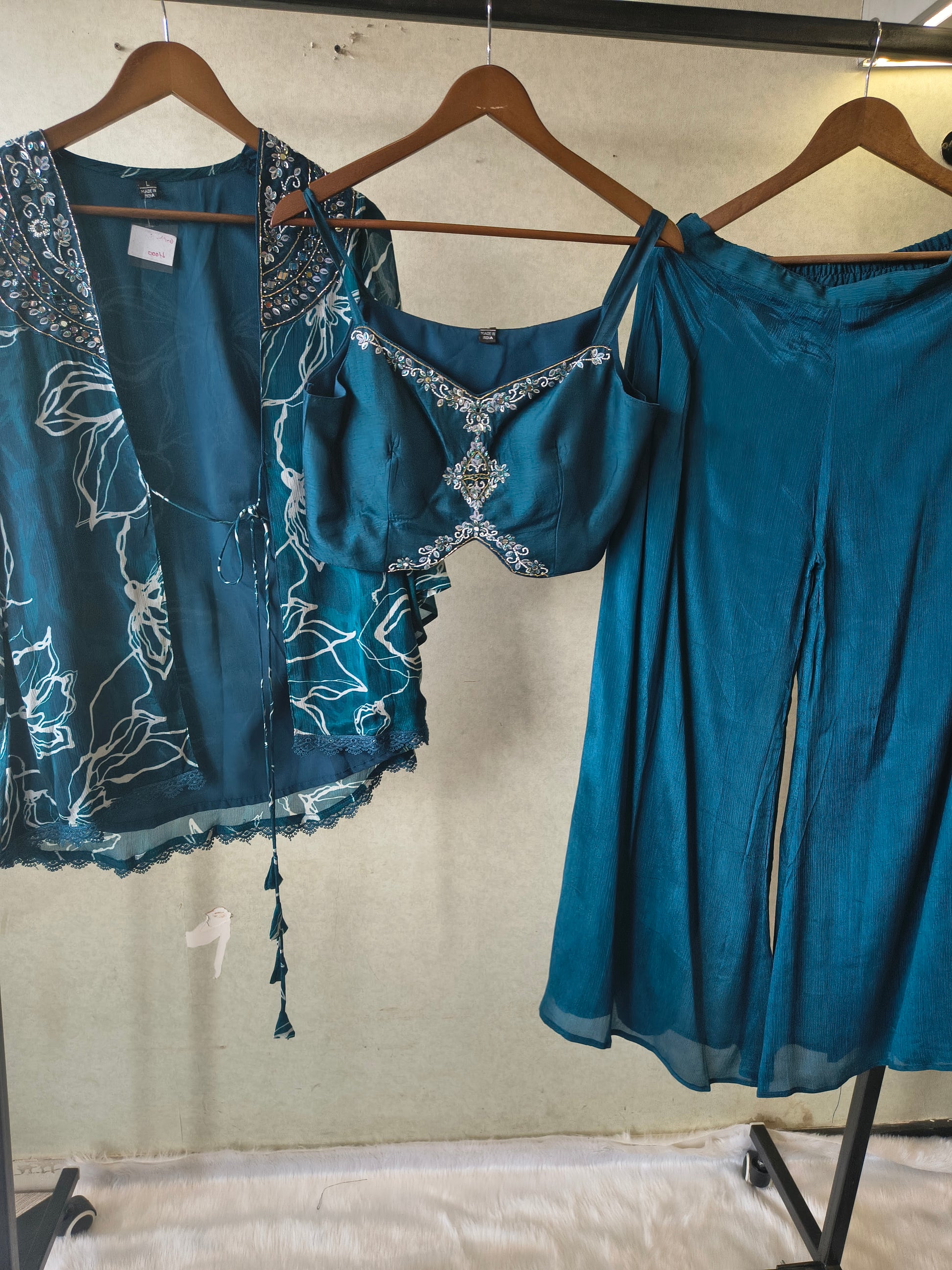 Teal Printed Shrug with Embroidered Designer Bralette & Flared Palazzo – 3 Piece Indo-Western Co-Ord Set