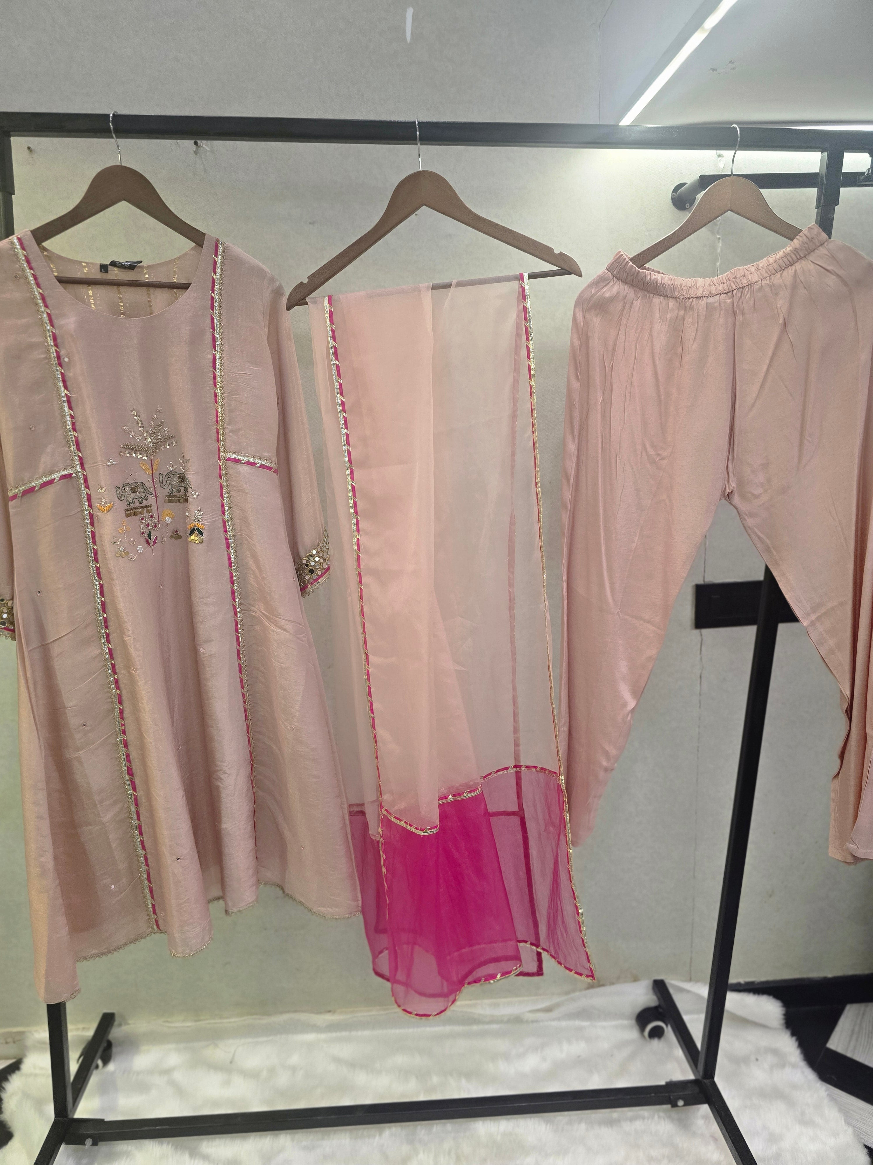 Image of Blush Pink Hand-Embroidered Kurta Set with Contrast Organza Dupatta | Premium 3 Piece Ethnic Suit