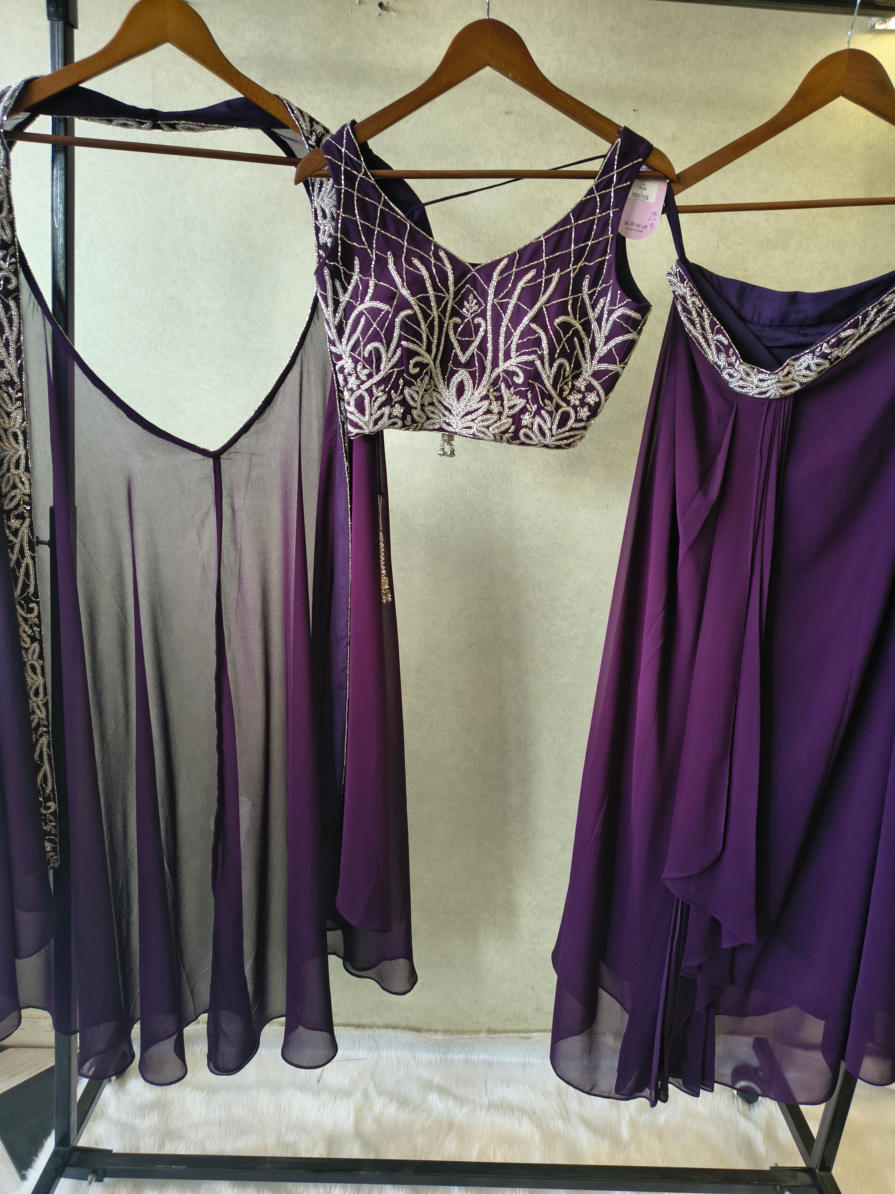 Image of Royal Purple Embroidered Designer Blouse with Drape Palazzo & Embroidered Cape – 3 Piece Indo-Western Party Wear Set