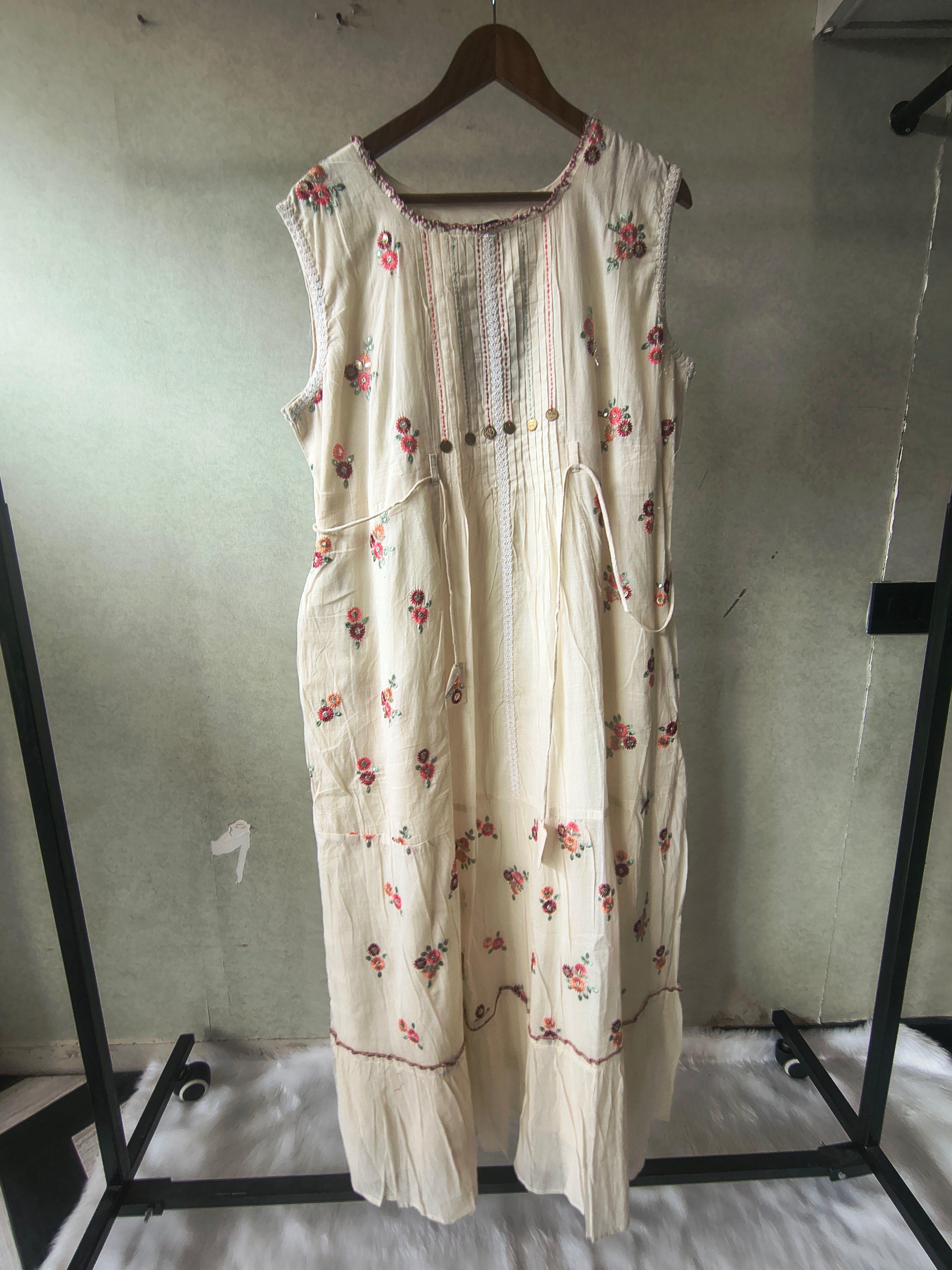 Image of Premium Ivory Floral Embroidered Sleeveless Tiered Maxi Dress with Pintuck Detailing