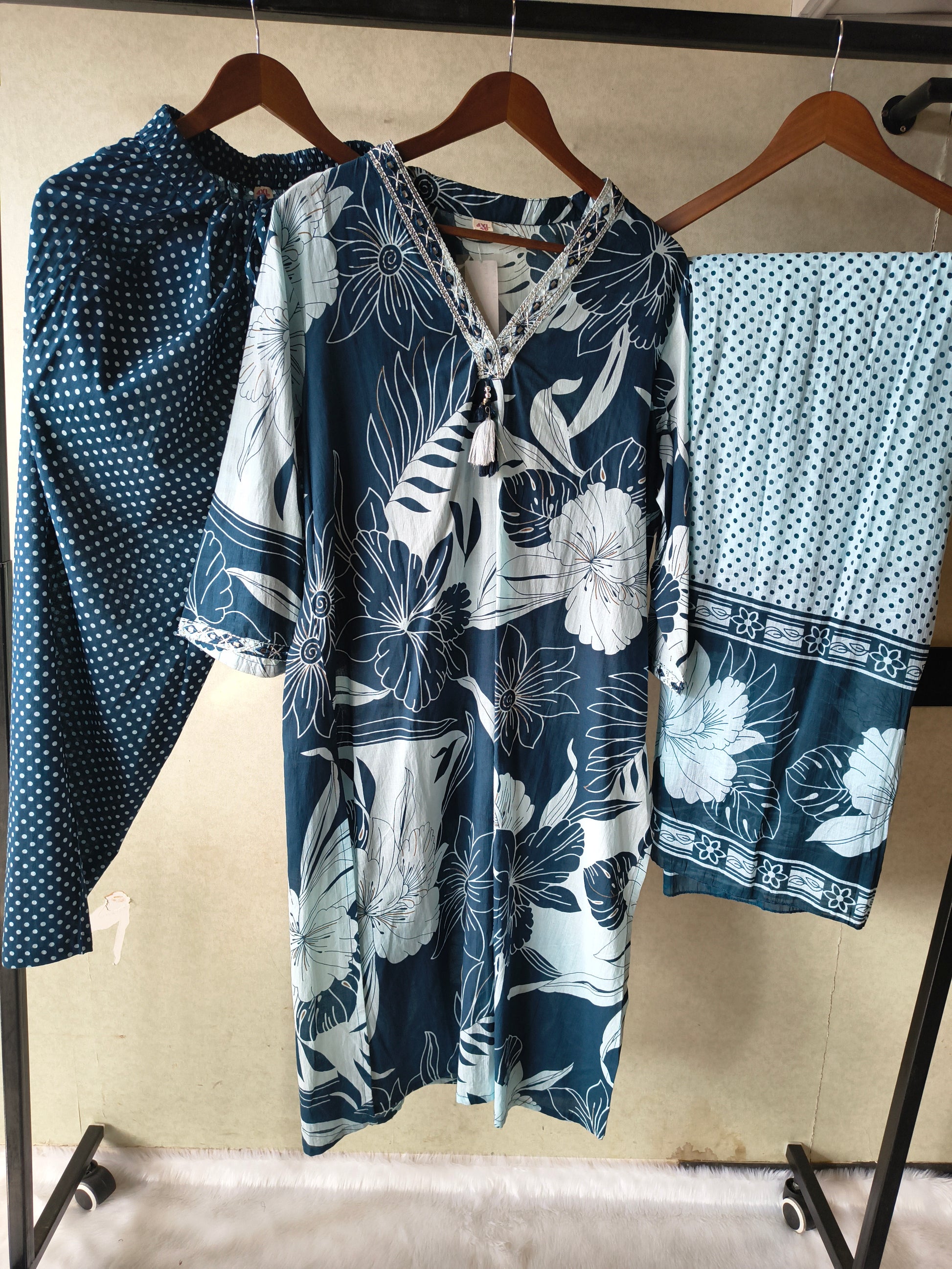 Premium Navy Blue Floral Printed Kurta Set with Polka Dot Pants & Printed Dupatta