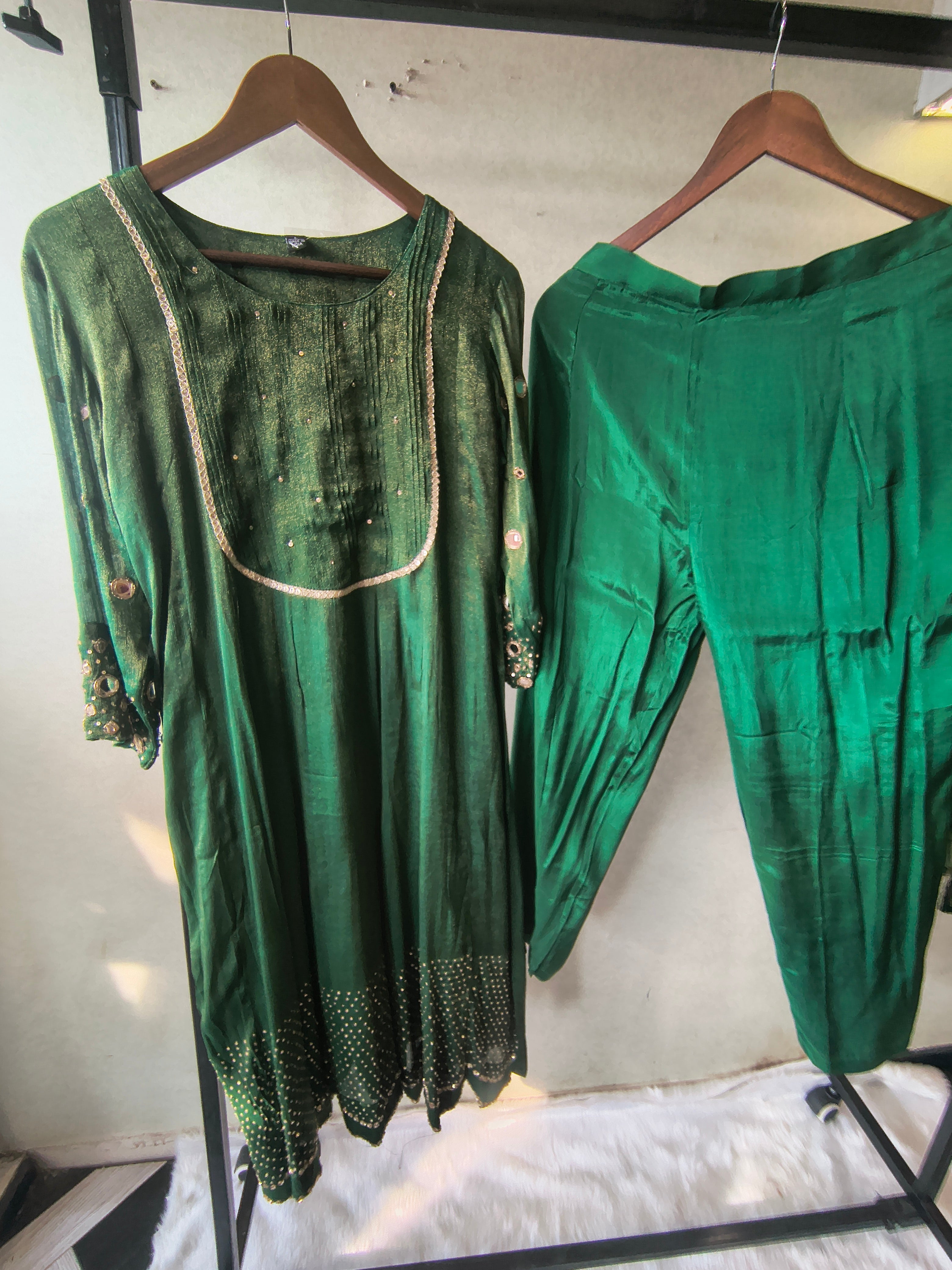 Image of Emerald Green Georgette Anarkali Suit Set with Pintuck Yoke, Sequin Detailing & Lace Border Dupatta – Premium 3 Piece Ethnic Ensemble