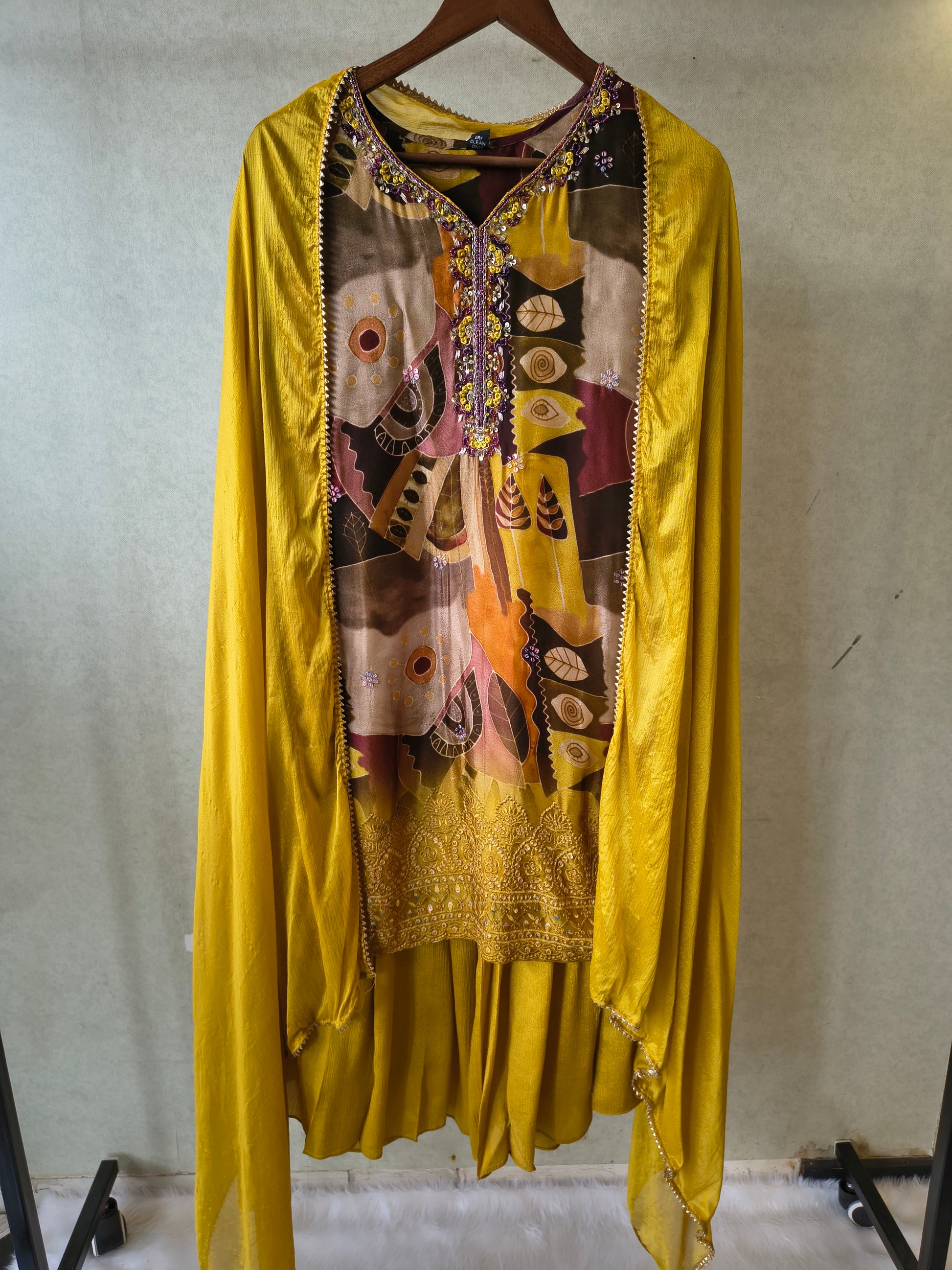 Premium Mustard Abstract Printed Kurta with Sharara & Dupatta Set