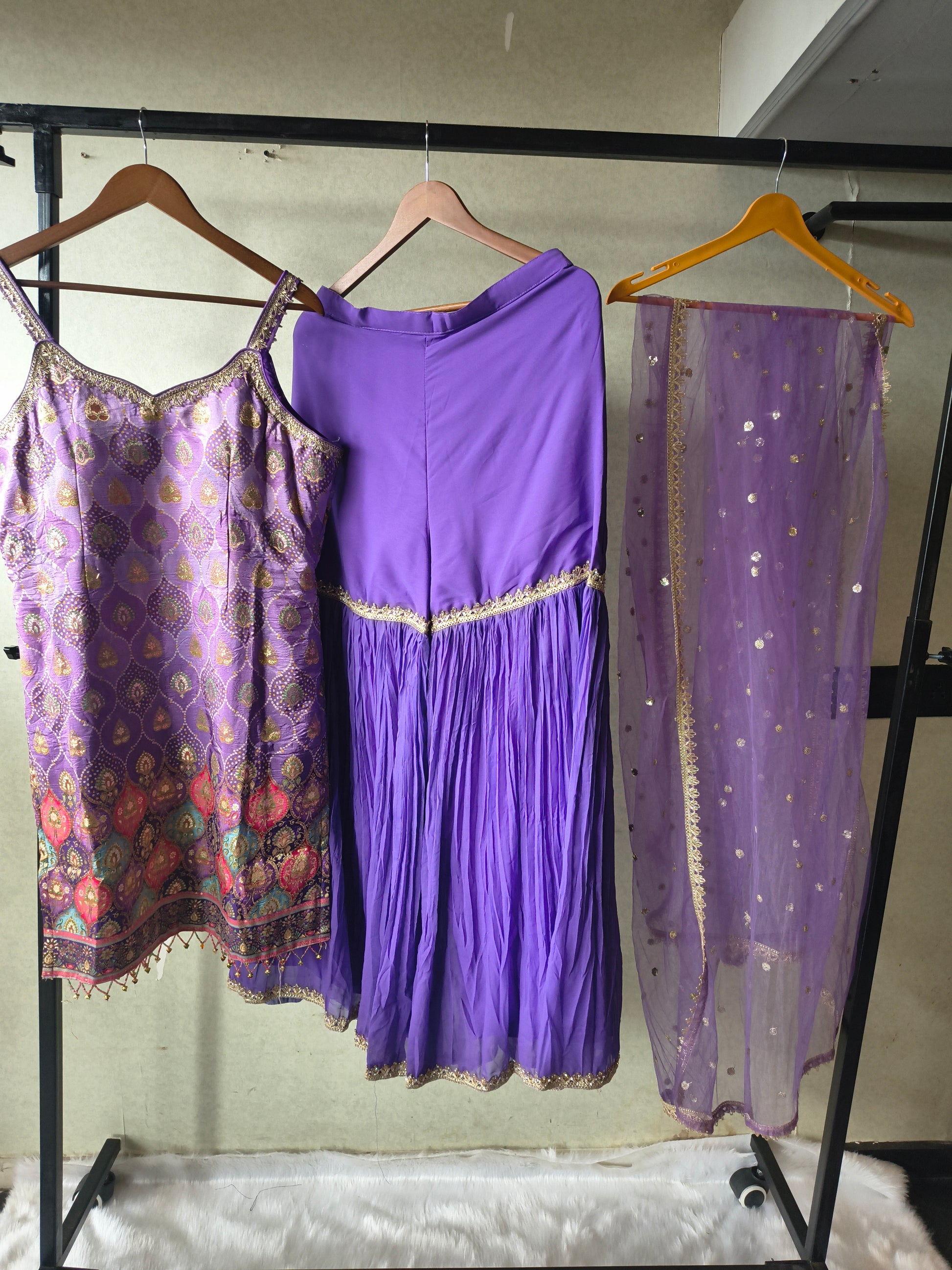 Lavender Brocade Kurti Sharara Set with Sequinned Dupatta – Premium 3 Piece Festive Ensemble