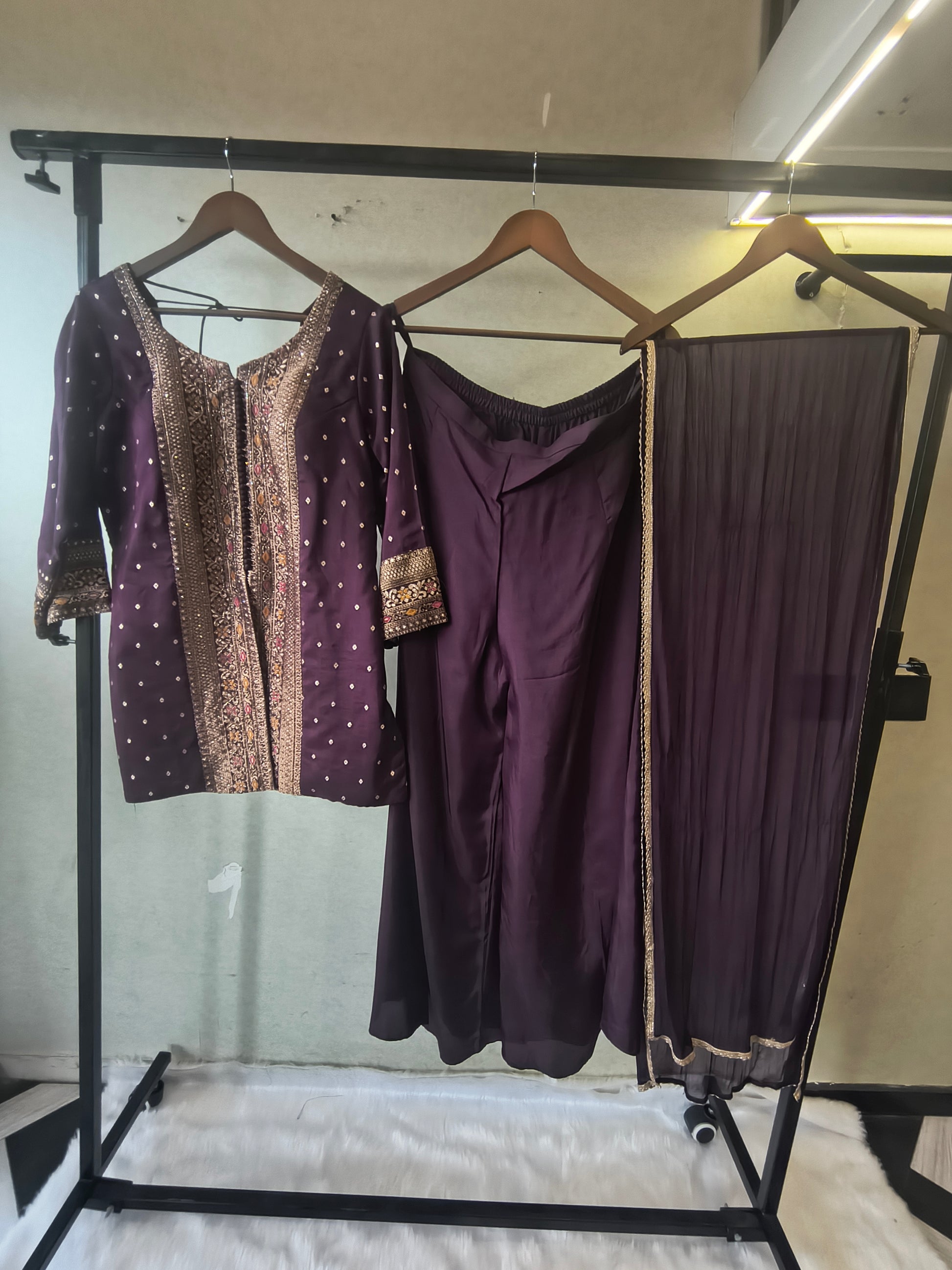 Royal Purple Embroidered Straight Kurta Set with Flared Palazzo & Pleated Dupatta – Designer 3 Piece Festive Ensemble