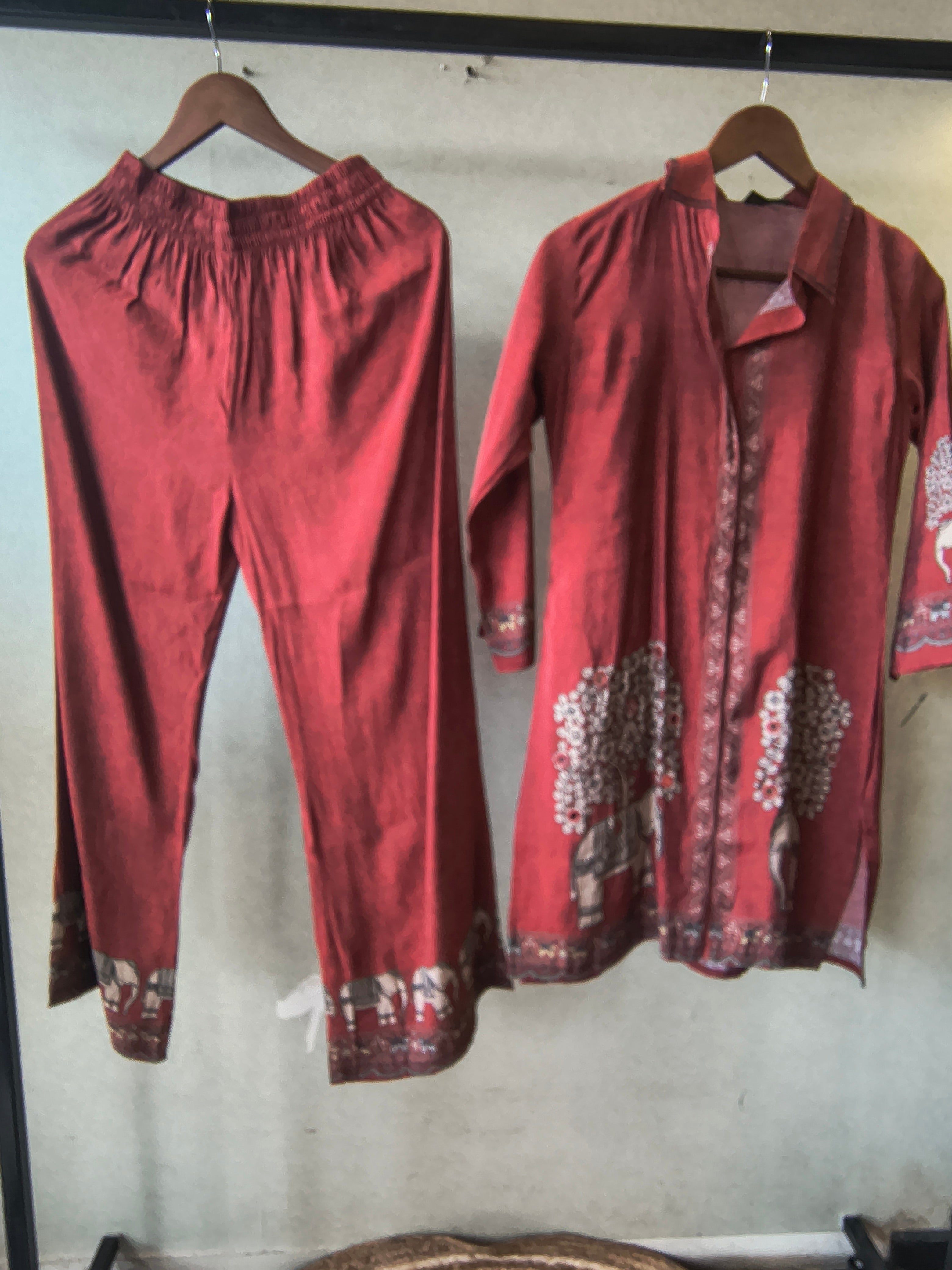 Image of Rust Red Elephant Print Designer Co-Ord Set with Asymmetrical Hem