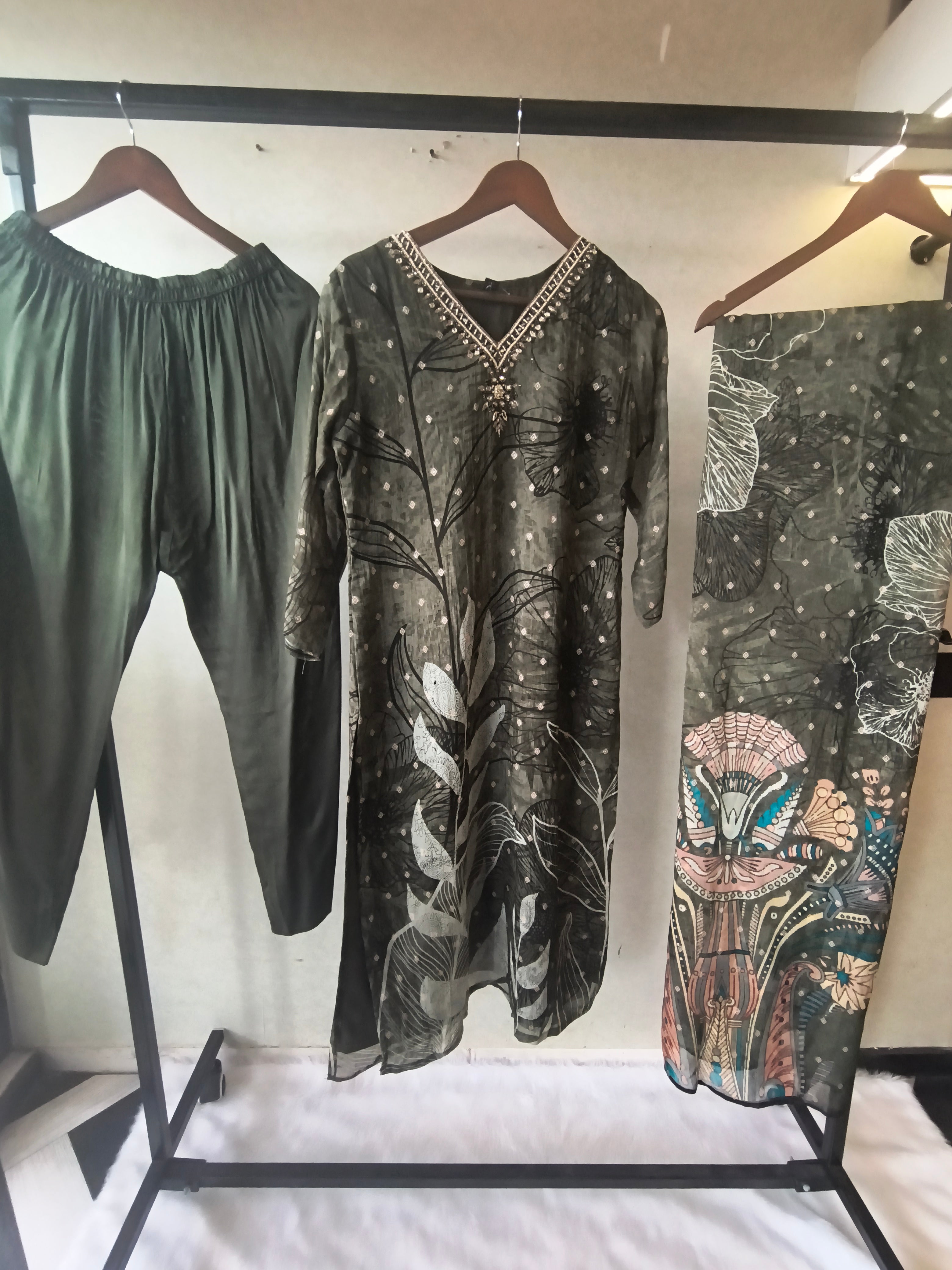 Image of Premium Olive Botanical Print Straight Kurta with Cigarette Pants & Dupatta Set