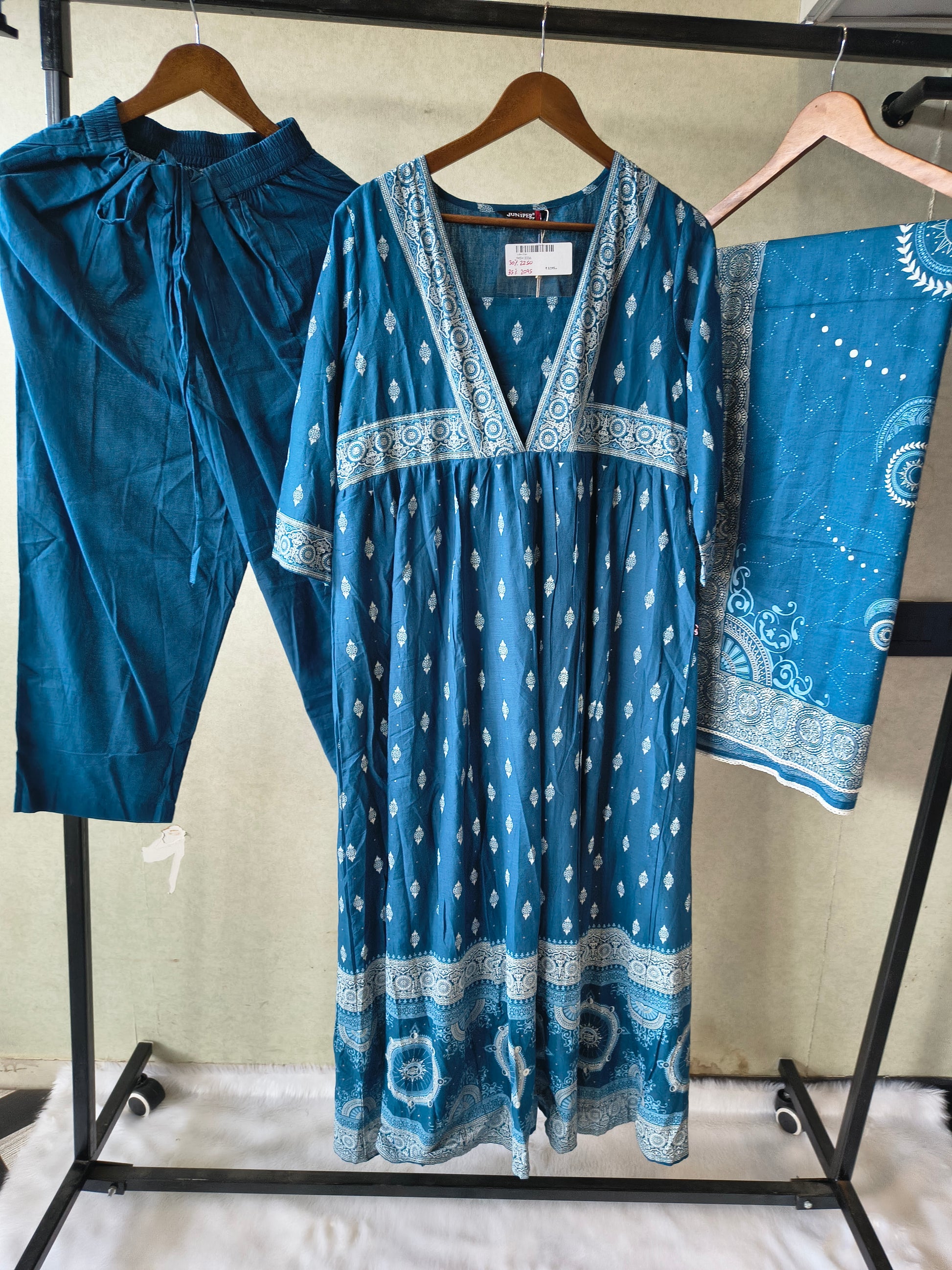 Juniper Premium Teal Blue Printed Cotton Kurta Set with Solid Pants & Printed Dupatta