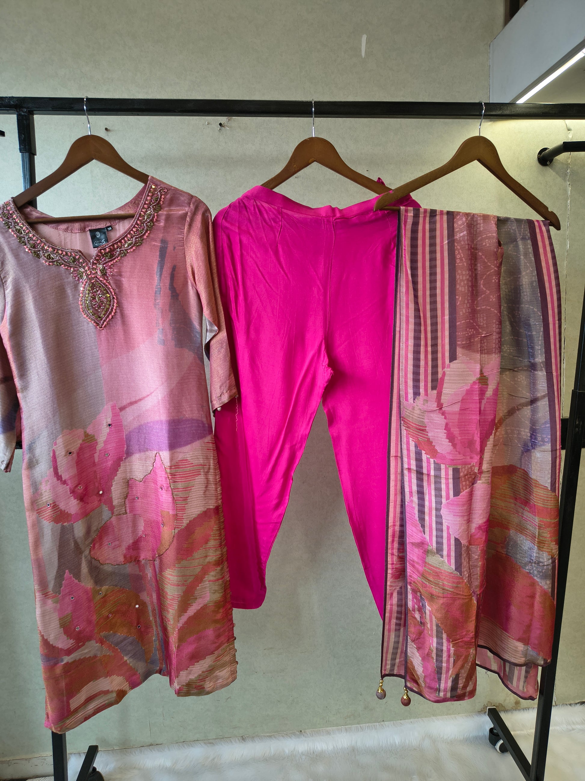 Dusty Rose Abstract Printed Kurta Set with Embellished Neckline & Dupatta | Premium 3 Piece Ethnic Suit