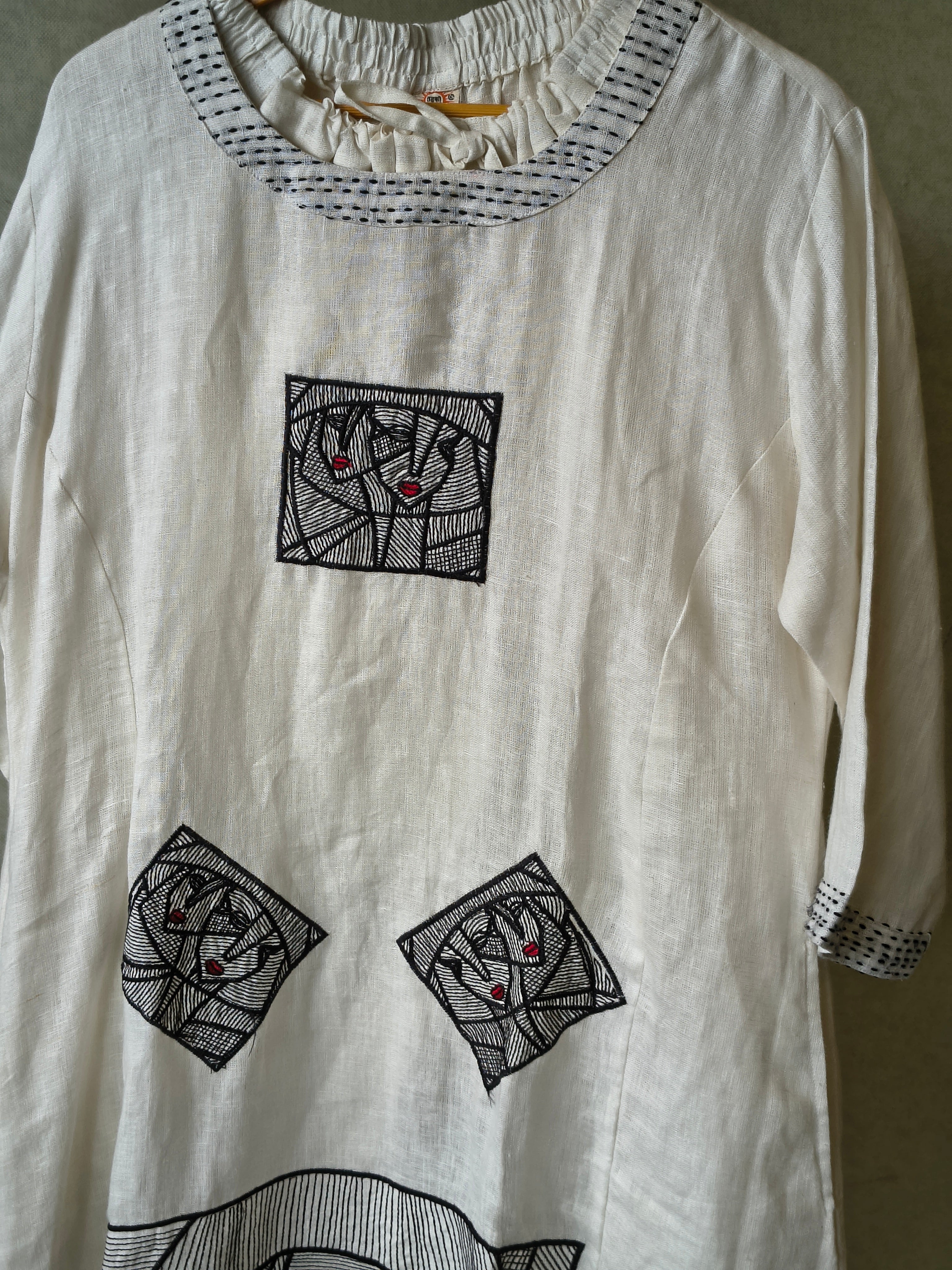 Image of Premium Off-White Artistic Abstract Embroidered Cotton Kurta with Straight Pants Set