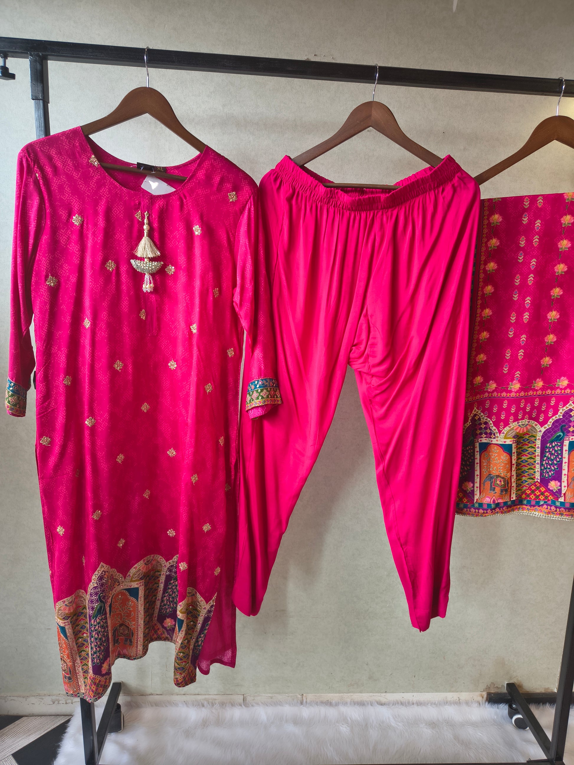 Premium Rani Pink Printed Straight Kurta with Cigarette Pants & Dupatta Set