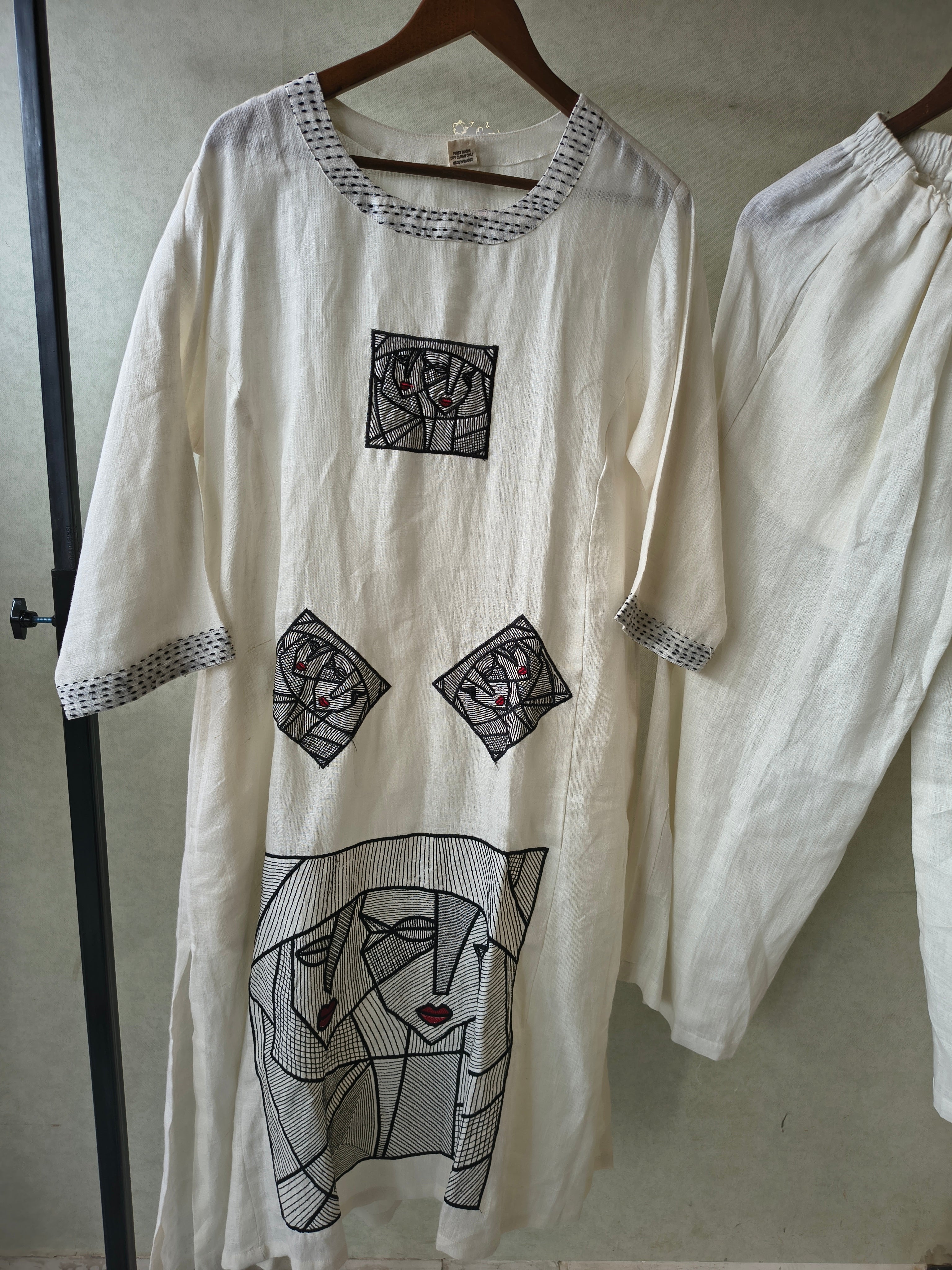 Image of Premium Off-White Artistic Abstract Embroidered Cotton Kurta with Straight Pants Set